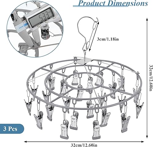 Miniatura 3 de Paquete de 3 estantes de secado redondos de acero inoxidable con 24 clips, gancho giratorio a prueba de viento, tendedero de ropa para lavandería,