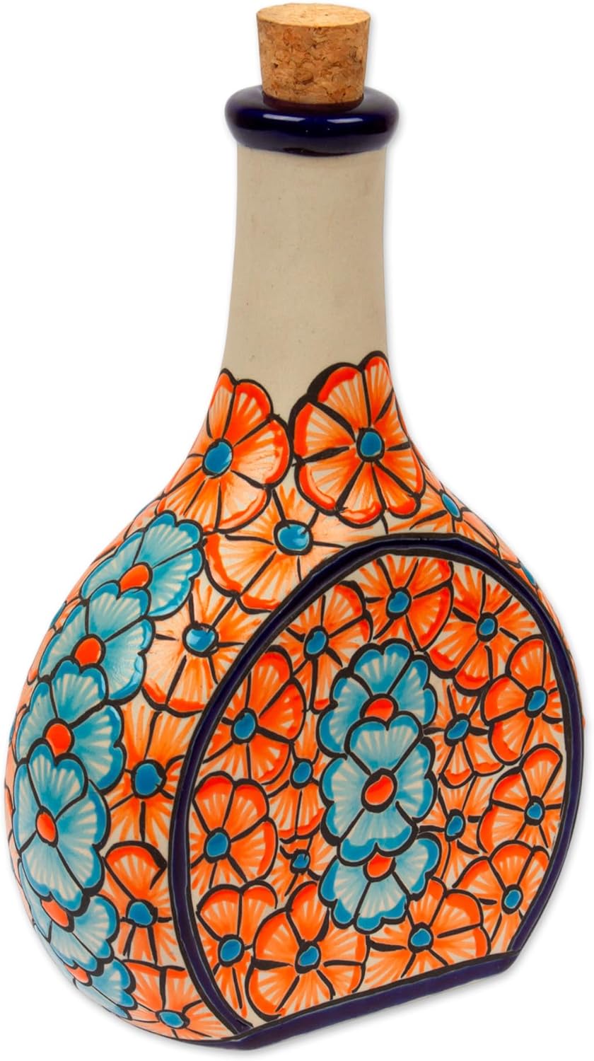 NOVICA Blue Ivory Orange Ceramic Floral Pitchers & Decanters Drinkware From Mexico 'Floral Spirits'