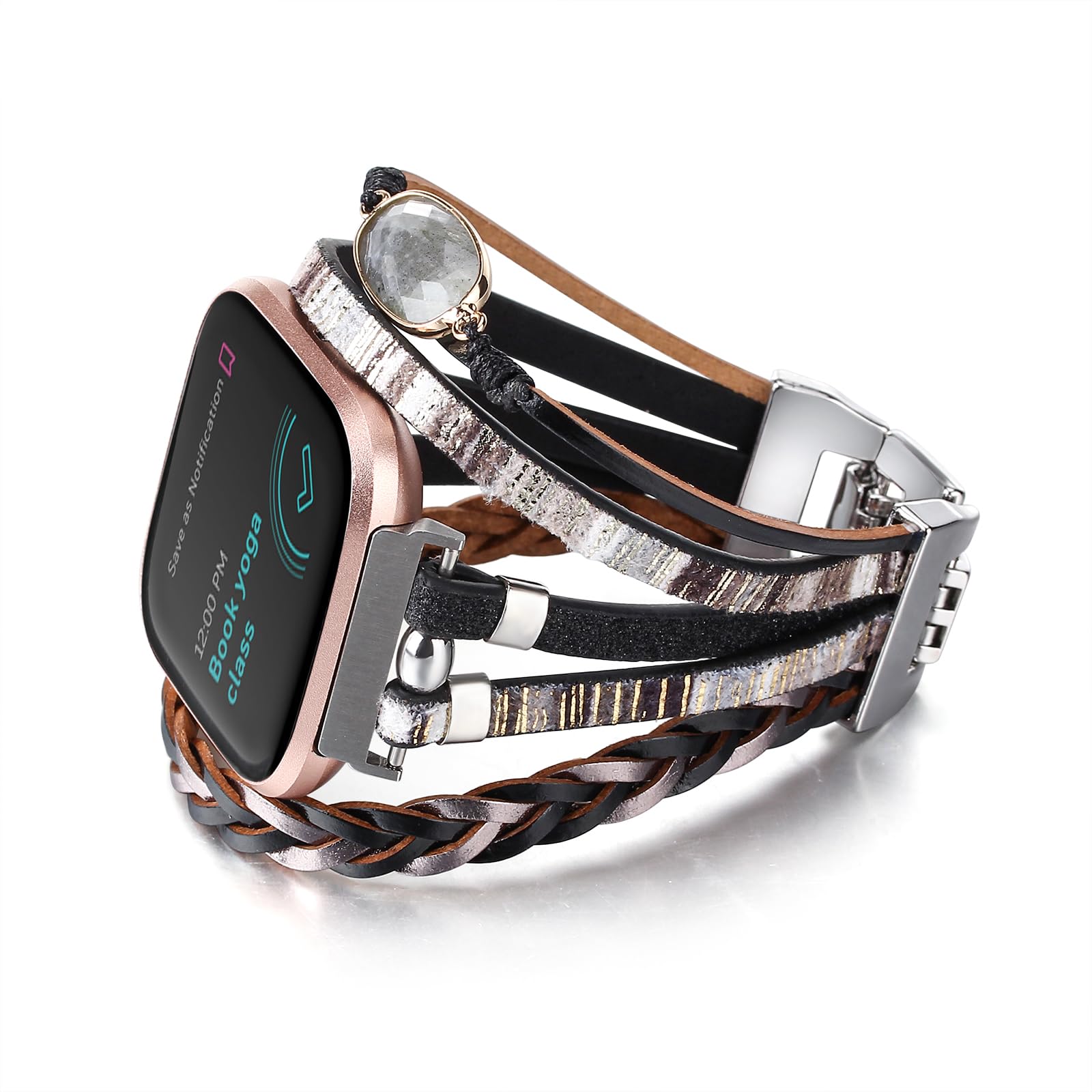 CHARMINGO Posh Leather Band Compatible with Fitbit Versa 3 & 4/Fitbit Sense/Sense 2 Women Bands, Handmade Multilayer Replacement Strap for Fitbit Smart Watch, 7.1 pulgadas x 3 cm, Metal, No Gemstone