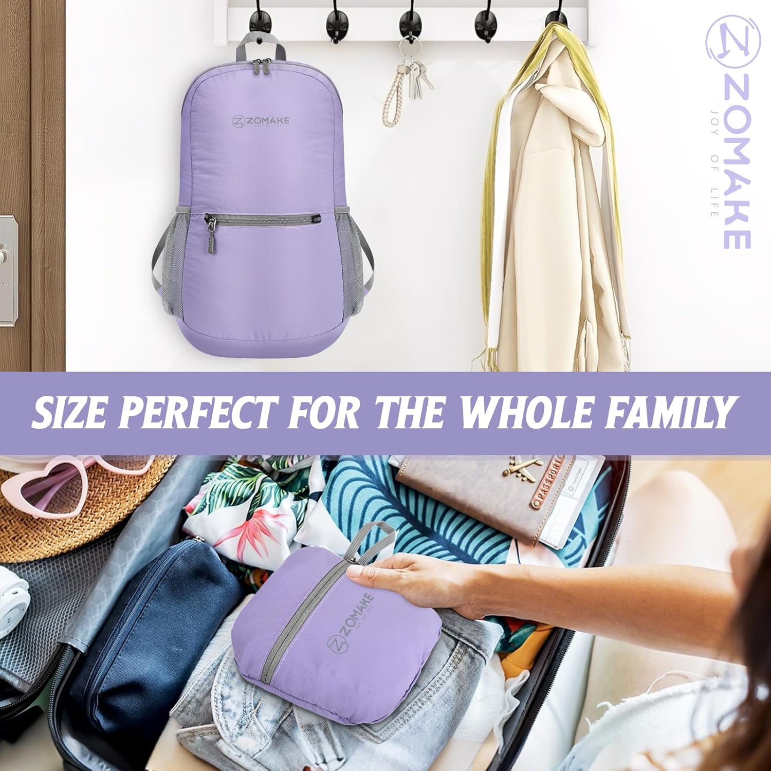 ZOMAKE Ultra Lightweight Hiking Backpack 20L - Packable Small Backpacks Water Resistant Daypack for Women Men(Lavender) - Image 6