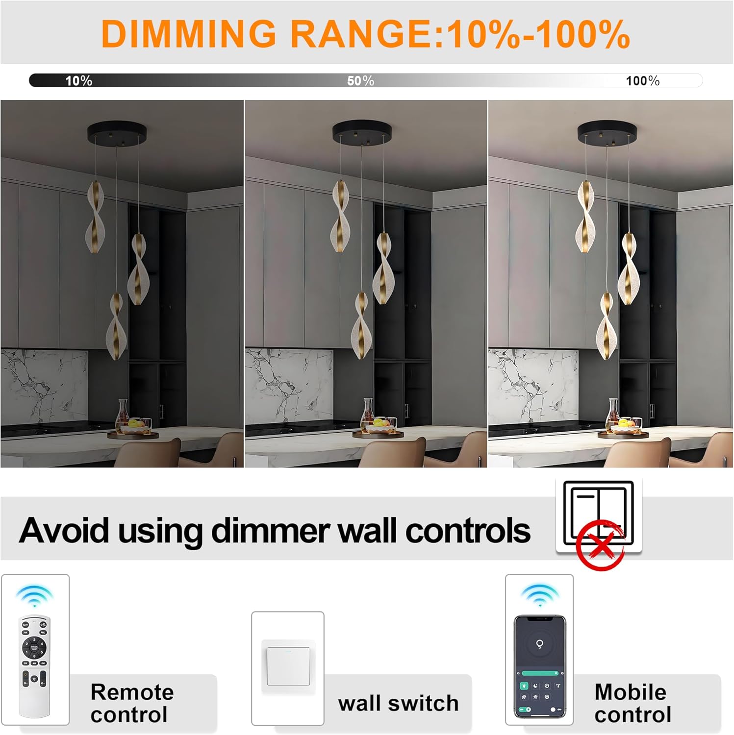 3 Light Modern LED Pendant Lights Kitchen Island, Dimmable Chandelier, Remote and App Control, 3000K-6000K Gold Acrylic Lighting for Dining Room Living Room