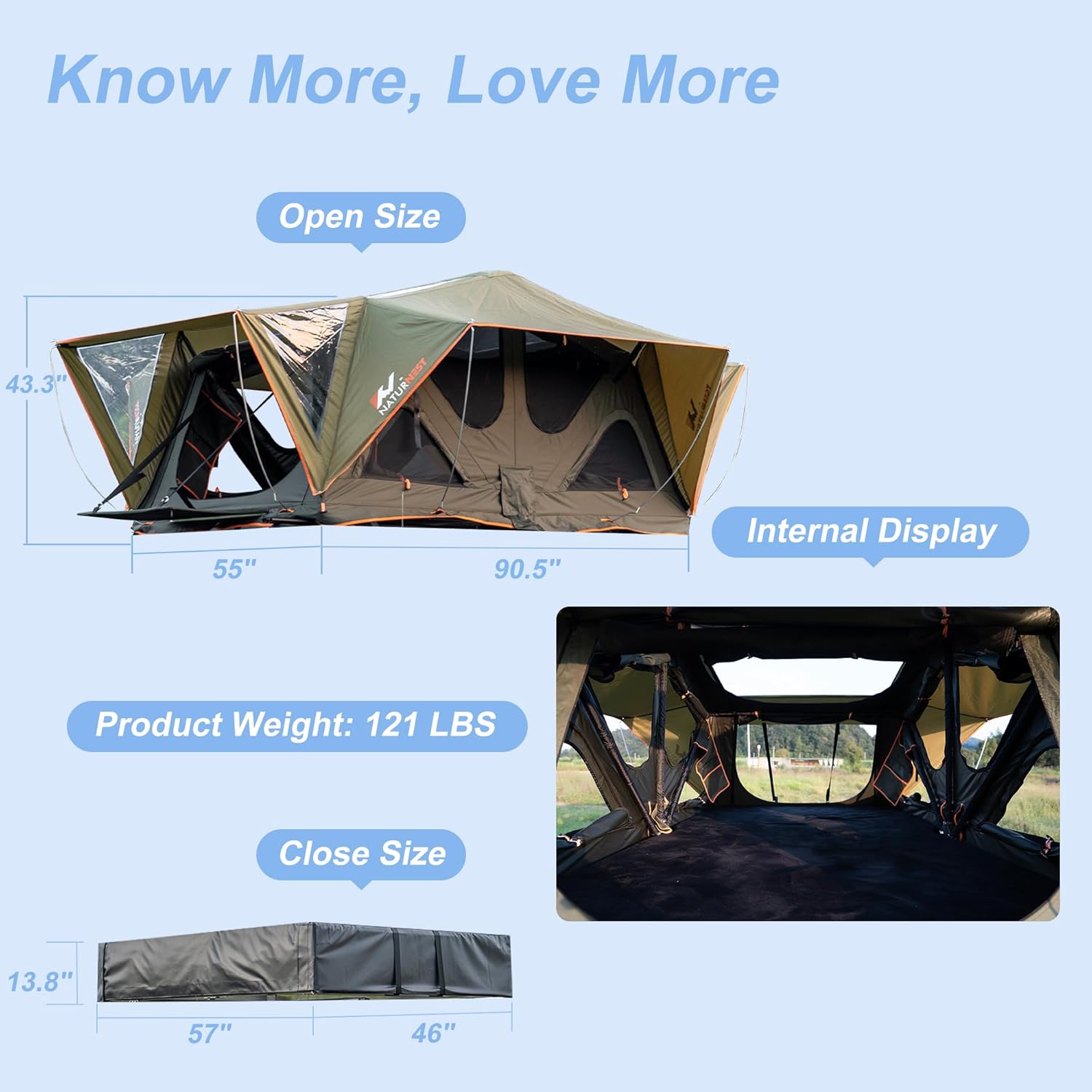 Naturnest Rooftop Tent, Great View Ventilation Light Weight Tent for 2 Person Camping, Waterproof UV-Resistant Blackout Privacy 4 Season Tent for Truck, Jeep, SUV, Van, Trailer - Andromeda