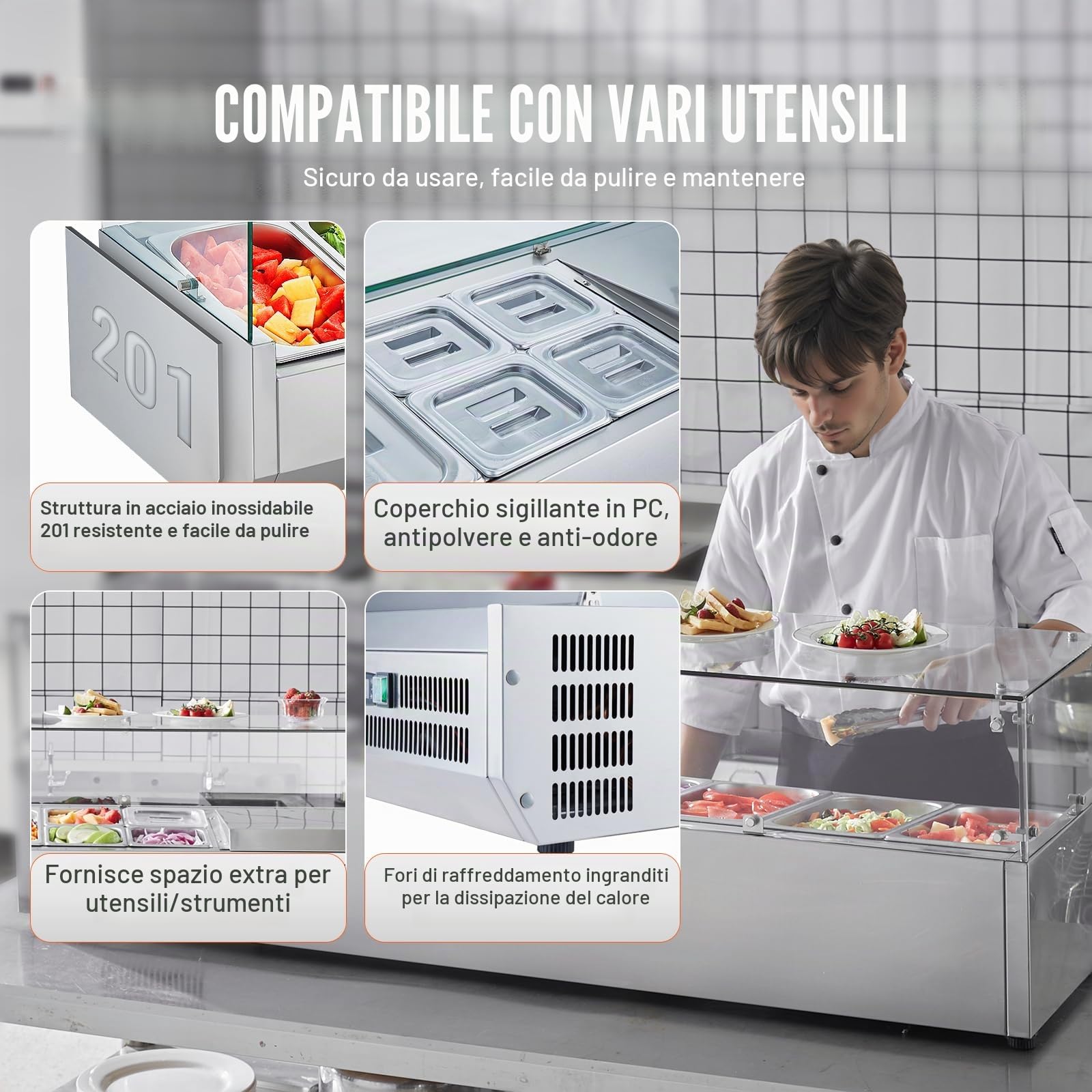 VEVOR Stazione di Preparazione Refrigerata per Condimenti da Banco con 4 Vaschette 1/3, 4 Vaschette 1/6, Stazione di Preparazione per Frigorifero 155 W Corpo in Acciaio Inossidabile 304, Coperchio PC