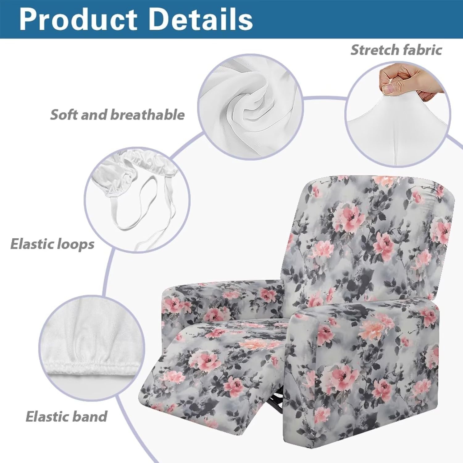 Rose Print Recliner Chair Covers for Living Room Soft Recliner Sofa Slipcovers with Pocket Easy to Install Lazyboy Covers Couch Chair Cover for Pets Gift for Holiday