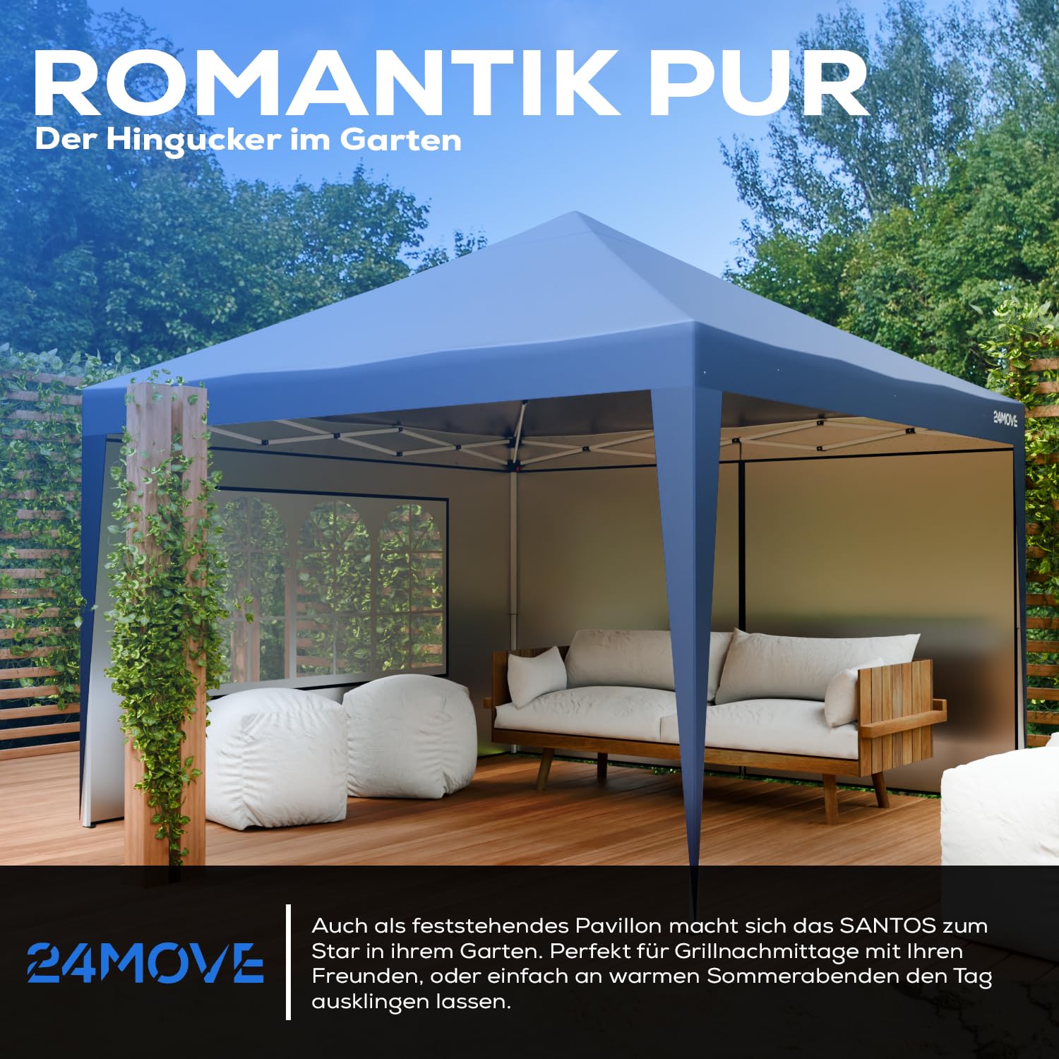 24MOVE® Pavillon Santos 3x3m Pop-Up UV-Schutz 50+ Wasserdicht & Winterfest mit Tasche faltbar & stabil, für Camping & Garten Faltpavillon - Partyzelt Blau