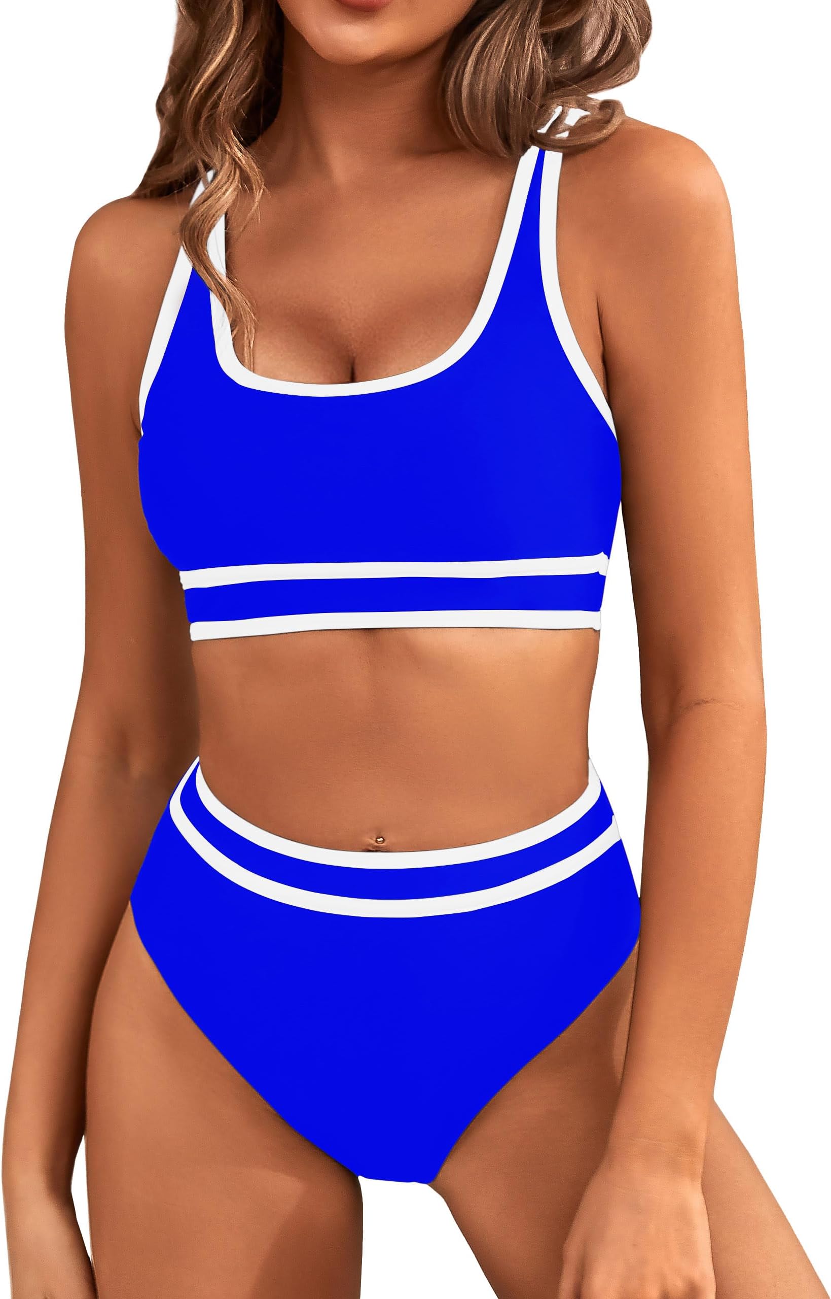 BMJLWomen's High Waisted Bikini Sets Sporty Two Piece Swimsuits Color Block Cheeky High Cut Bathing Suits