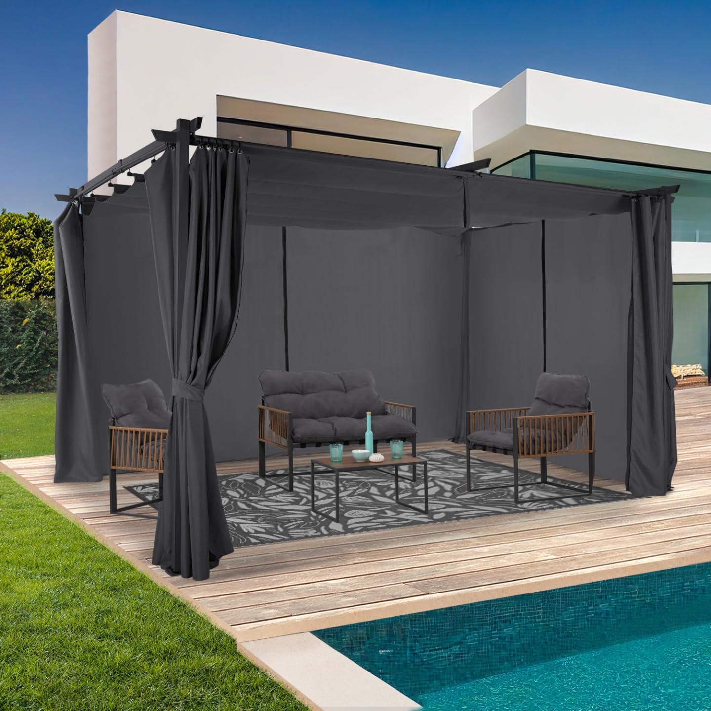 IDMarket - Pergola édition limitée Toit rétractable 3x4 M et 4 Rideaux Gris Anthracite