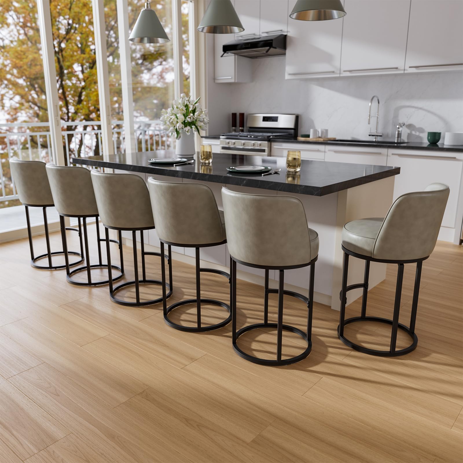 26" Grey Counter Height Bar Stools Set of 6, Anti-Pinch Swivel | Round Base with Metal Frame, 4.7" Thick Seat, Easy-Clean Faux Leather, Comfy Back, Barstools for Kitchen Island, Home Bar