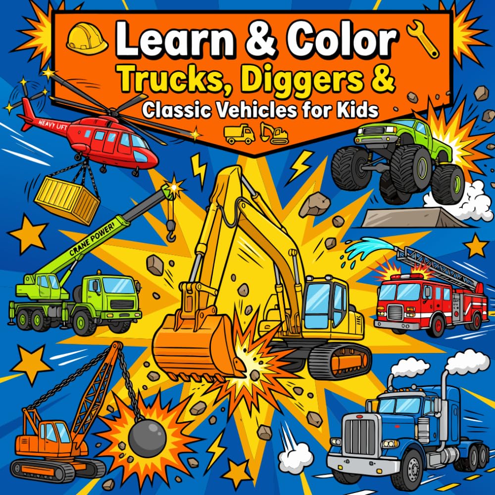 Learn And Color: Trucks, Diggers & Classic Vehicles for Kids: Fun Educational Coloring Pages Featuring Modern Trucks, Construction Machines, Everyday ... Learning Gift for Boys & Girls Ages 4–12