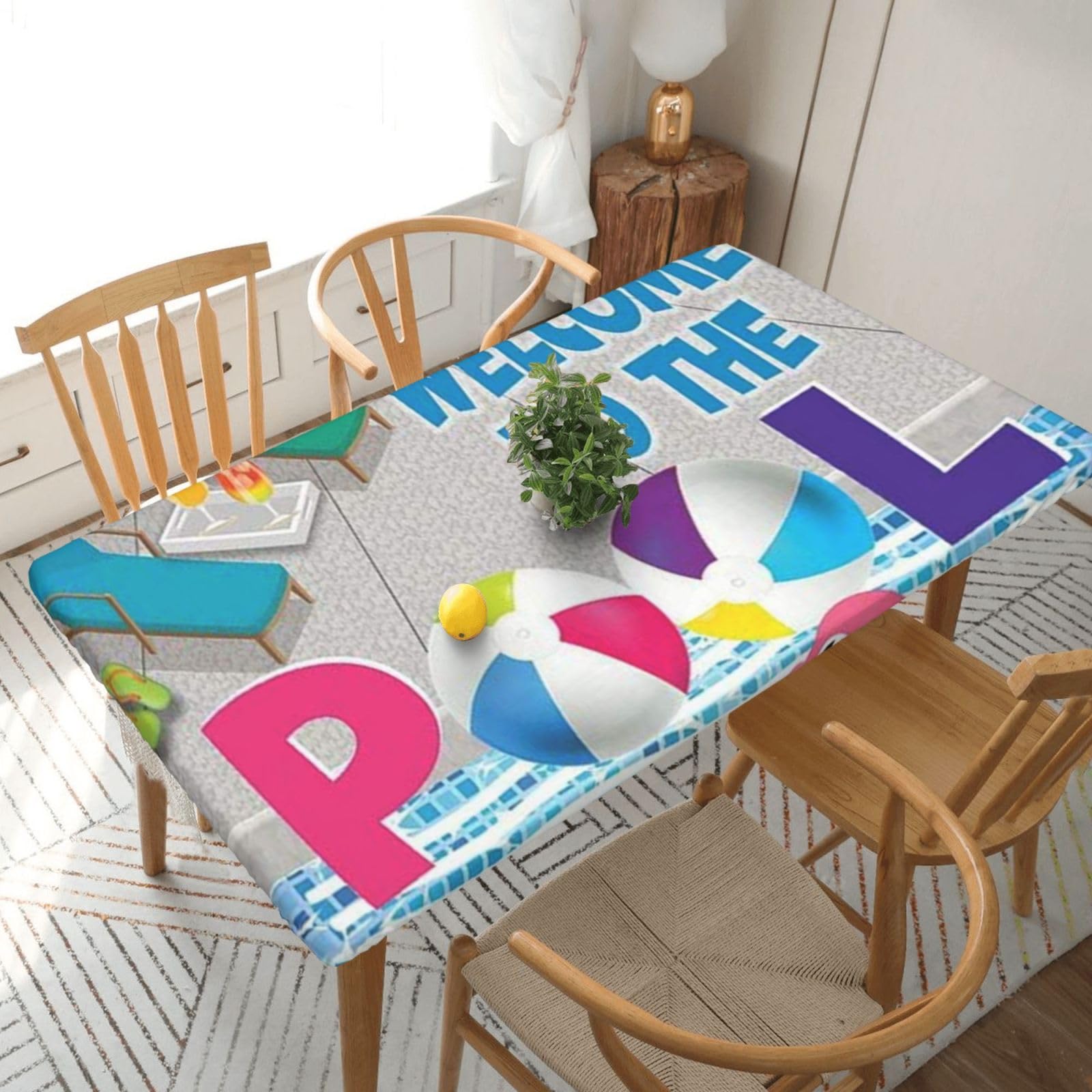 DCEHGEW Elastic Fitted Rectangle Tablecloth for 5ft Tables, Flamingo and swimming pool Printed Oilproof & Washable Fabric Picnic Table Cloth Table Covers