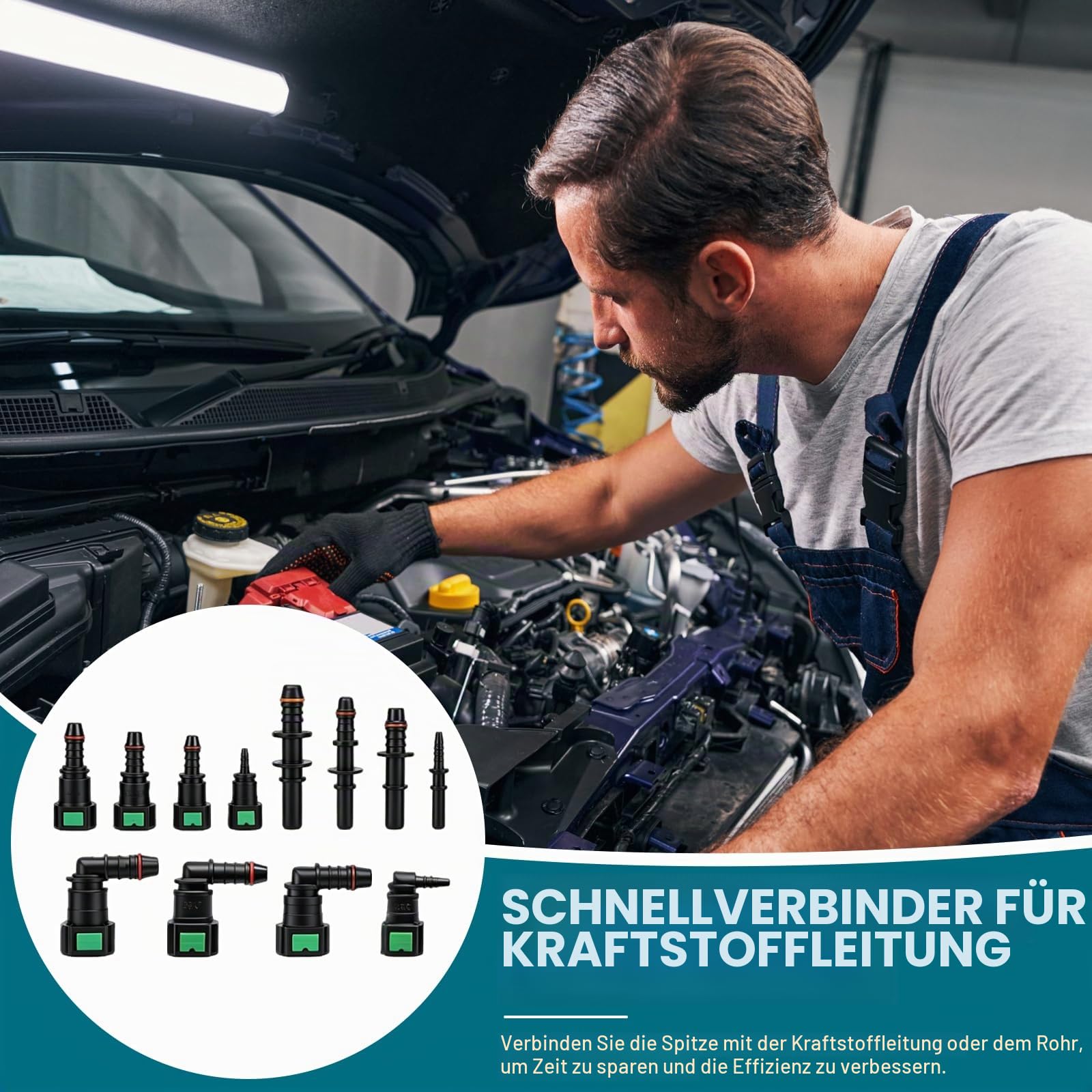 Kraftstoffleitung Reparaturset & Benzinleitung Set, Schnellverschluss Kraftstoffleitungsverbinder für Auto, Motorrad, Boot – Benzinschlauch Set mit SAE 9.89/9.49/7.89/6.3mm, gerade & 90° Winkel