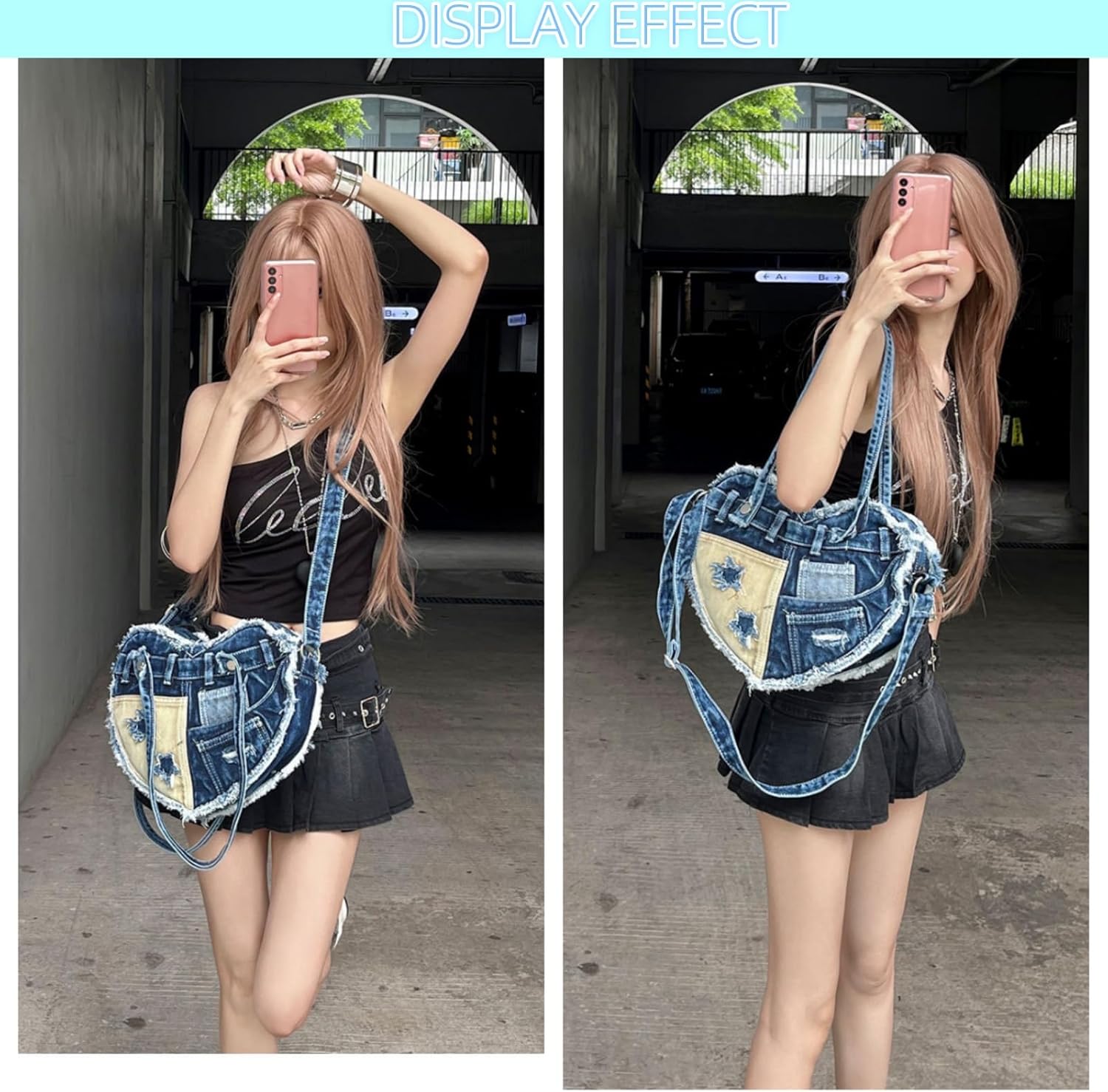 Women's Cute Heart Shape Denim Wallet Denim Tote Bag Underarm Shoulder Bag Handbag