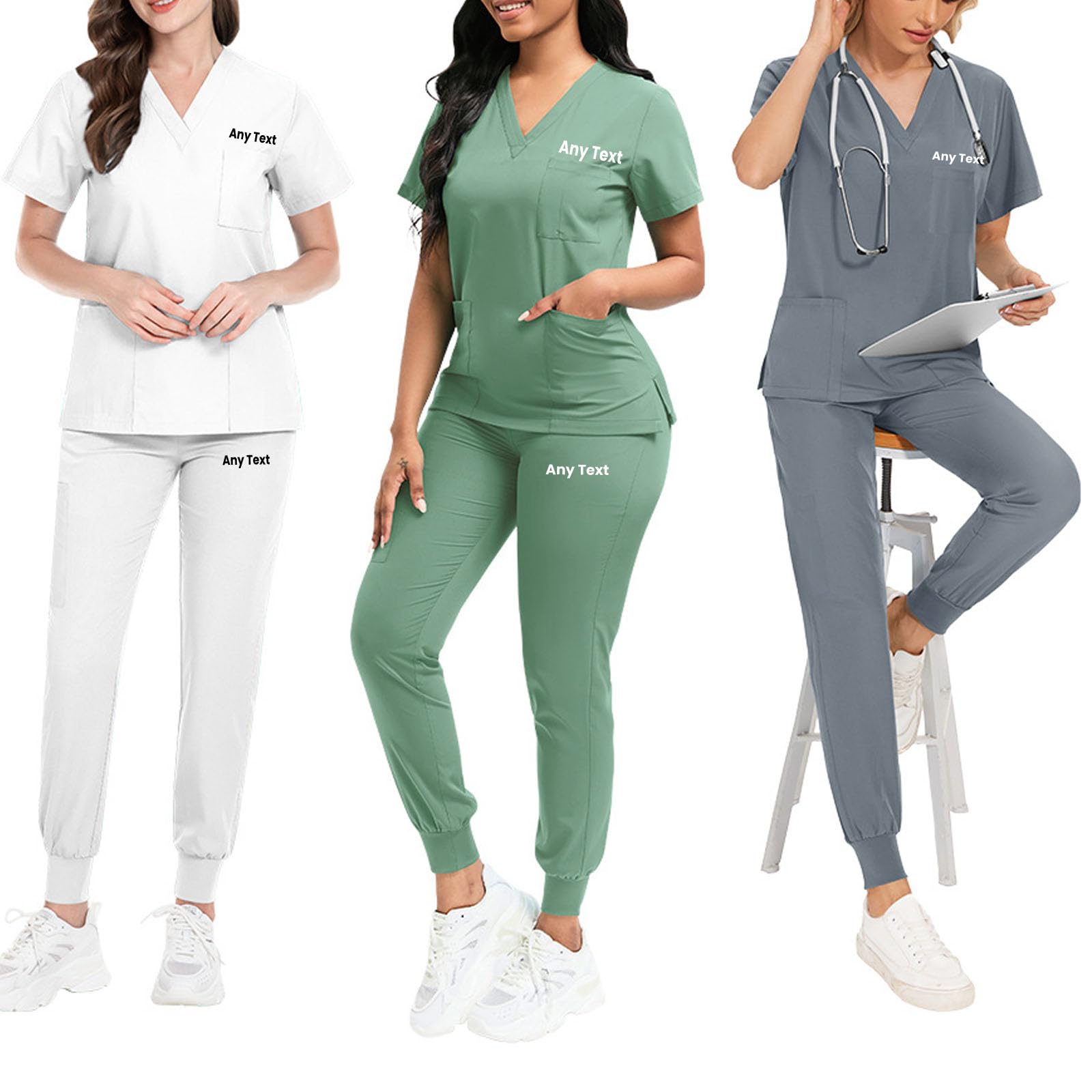 Set di scrub femminili, top con scollo a V e pantaloni da jogging, set personalizzato per infermieri e chirurgici