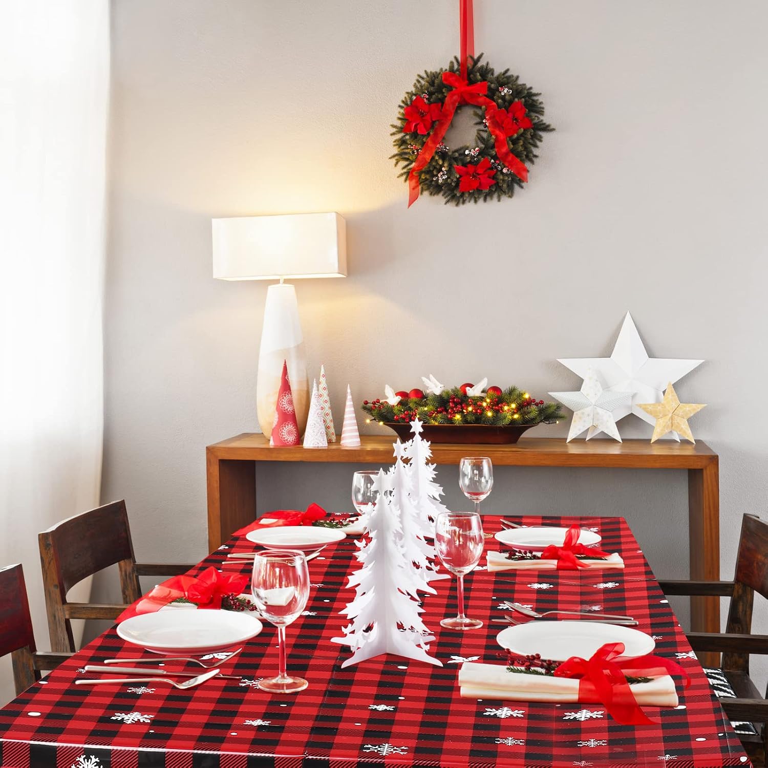 Irenare 3 Pcs Christmas Tablecloth Red and Black Buffalo Plaid Table Cover Merry Christmas Plastic Disposable Snowflake Elk Gingham Table Cloth for Xmas Winter Holiday Party Supplies,54 x 108 Inch
