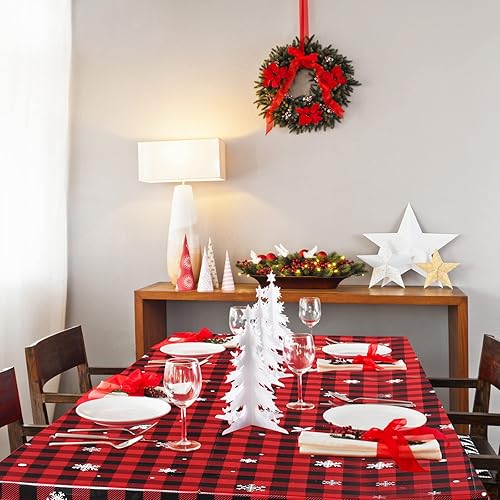 Miniatura 7 de Irenare Mantel de Navidad de 3 piezas de mantel de Navidad a cuadros rojos y negros, mantel desechable de plástico con copos de nieve, alce y guinga