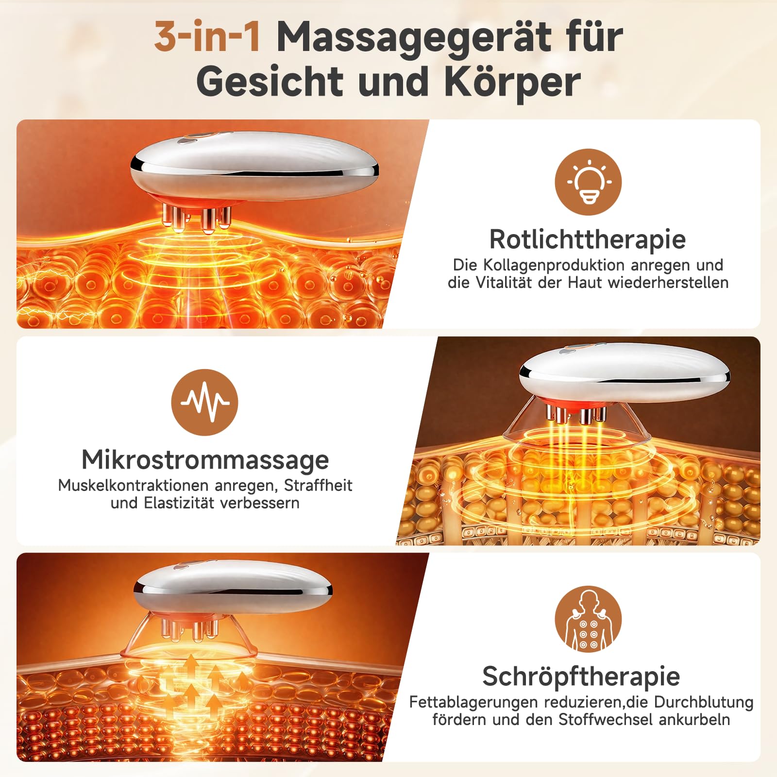 3 in1 Schröpfmassagegerät Elektrisch mit EMS & Rotlicht, Tragbarer Massage Gun für Lymphstimulierende Massage und Körpermodellierung - Für Gesicht, Bauch, Beine, Po zur Straffung und Entspannung