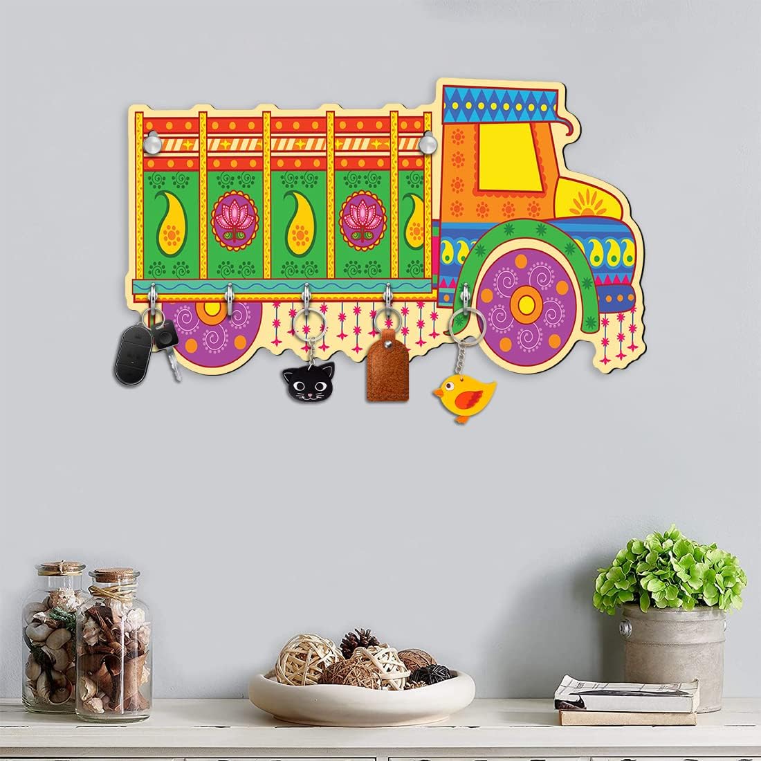 APS ART PLUS STORE Beautiful UV Designer Truck key Holder for Wall Decor, 5 Stainless Steel Hooks key Stand for Living Room