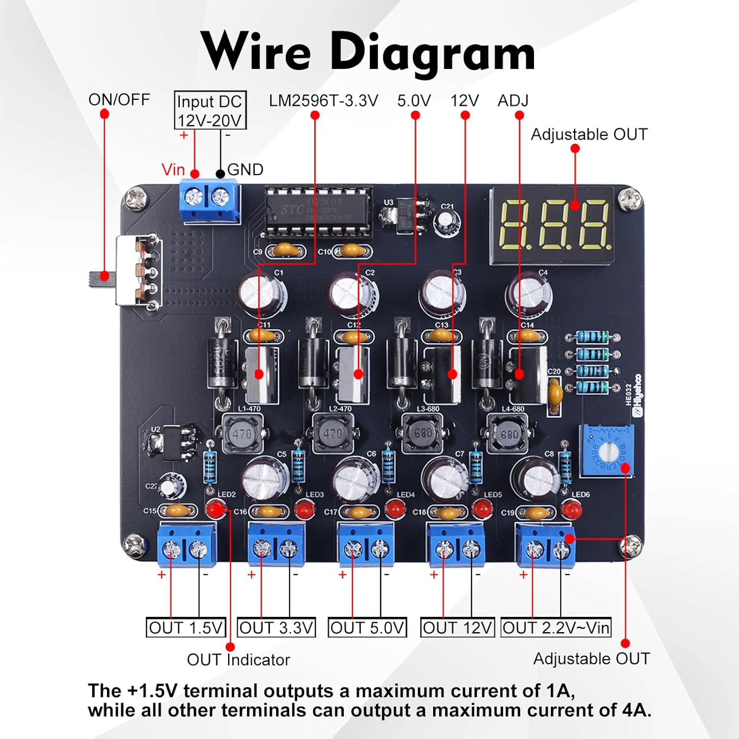 Detailed wire diagram of the BANRIA DIY Power Supply Module, showing input, ground, and all output terminals with their respective voltages.