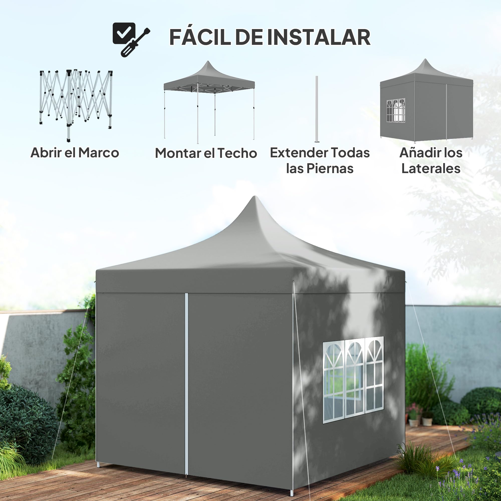 Outsunny Carpa Plegable Pop-up Gazebo 3x3 m Cenador Plegable con 4 Paredes Laterales Anti-UV Altura Ajustable Marco Metálico Robusta y Bolsa de Transporte para Camping Fiestas Gris