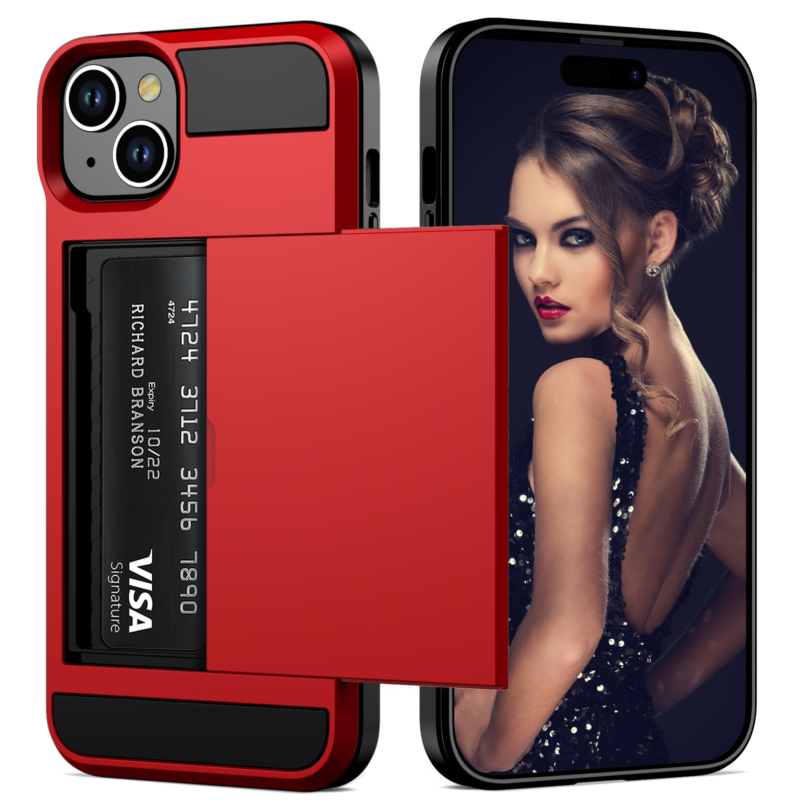 Vofolen for iPhone 13 Case Wallet Credit Card Holder ID Slot Sliding Door Hidden Pocket Men Women Anti-Scratch Dual Layer Hybrid Bumper Armor