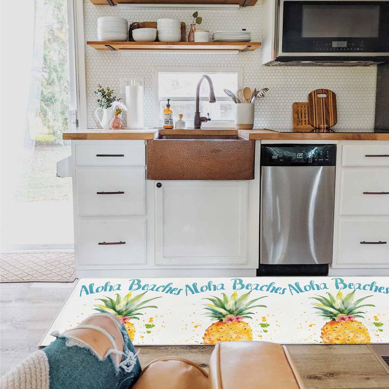 2 Pieces Kitchen Rugs and Mats,Watercolor Yellow Pineapple Flower Area Runner Rug Set Non Slip Floor Doormat Washable Carpet Standing Mat for Kitchen Sink Indoor Corridor,Farmhouse Fruit Painting