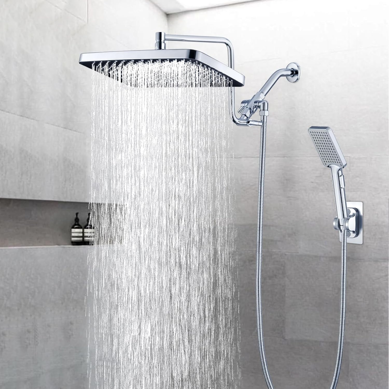 13 Inch Shower Head With Handheld Spray Combo, High Pressure Waterfall Showerhead Rain Shower Head With Handheld Tandem Showerhead With 12 Inch Extension Arm, Brass Shower Diverter (Polished Chrome)