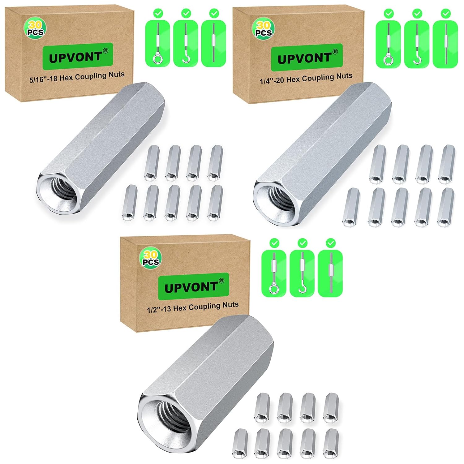 Hex Coupling Nuts 1.75-Inch, 5/16"-18, 1/4"-20, 1/2"-13 (90 PCS), Ideal for Threaded Rods & Studs