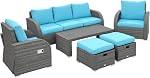 Meubles de patio Outsunny avec coussins, ensemble de conversation de meubles sectionnels en osier PE de 6 pièces avec un canapé trois places, 2 chaises inclinables, 2 repose-pieds et table, orange