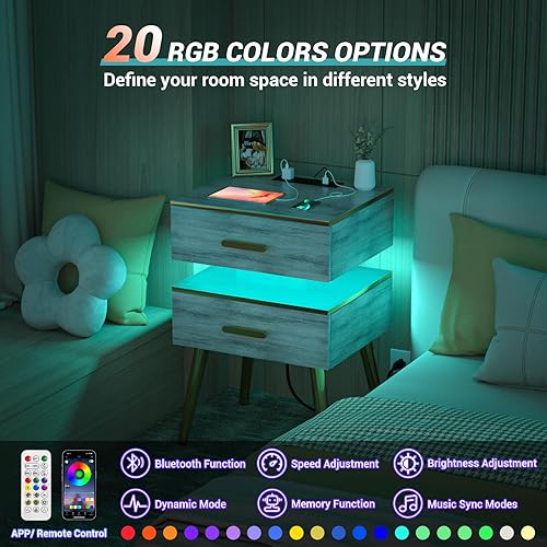 Miniatura 4 de Night Stand with Charger Station & Drawers - Modern Nightstand with Charging Station & LED, Bed Side Table for Bedroom and Living Room, White Oak,