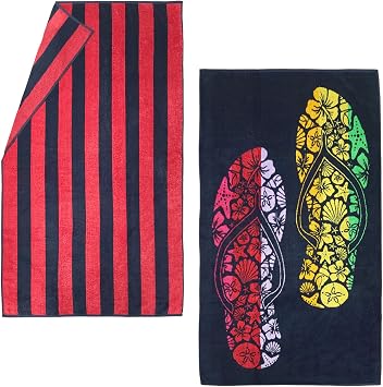 Kaufman - Premium 2-Pack Velour Oversized Double Jacquard Reversible 750 GSM Beach, Pool Towel, Plush Towel, 40in x 70in, Luxurious 100% Cotton NAVY/SAN