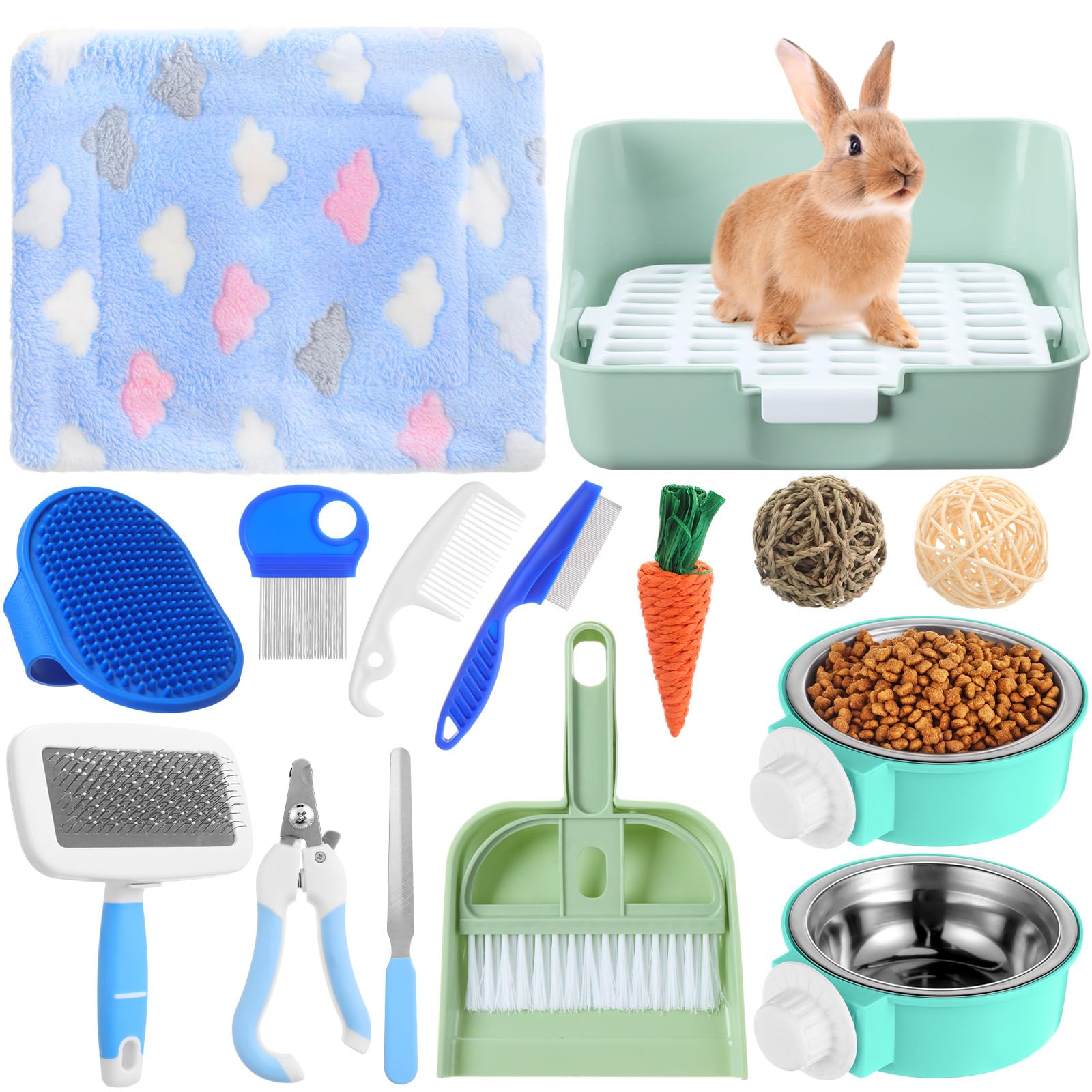 Reallnaive Juego de 15 piezas de conejo, caja de arena pequeña, kit de aseo de animales, juguetes de conejo, mantas con juego de limpieza para accesorios de conejillo de indias (verde)