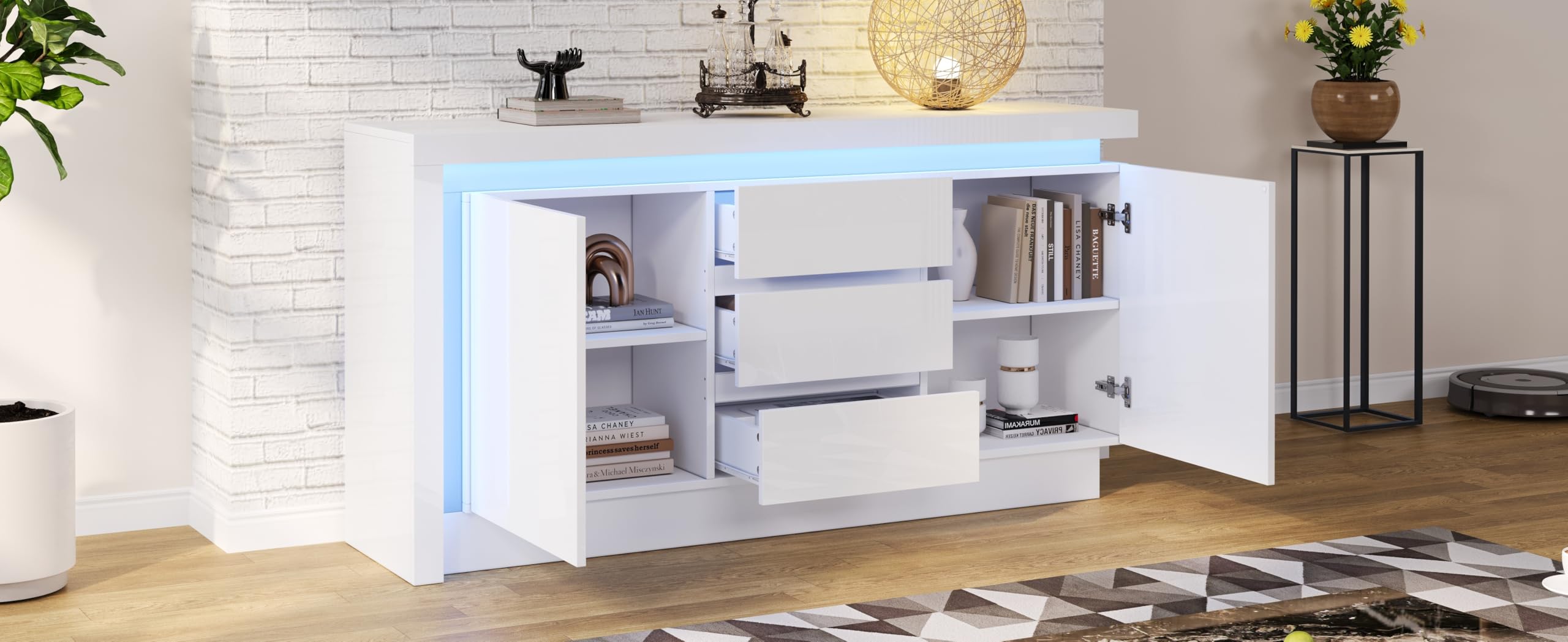 BTM 140x35x72cm Sideboard,Kommode für das Schlafzimmer, Wohnzimmer,Beistelltisch mit 3 Schubladen,Schrank mit verstellbaren Einlegeböden und 2 Türen, Hochglanz Sofa Beistellschrank mit LED, Weiß