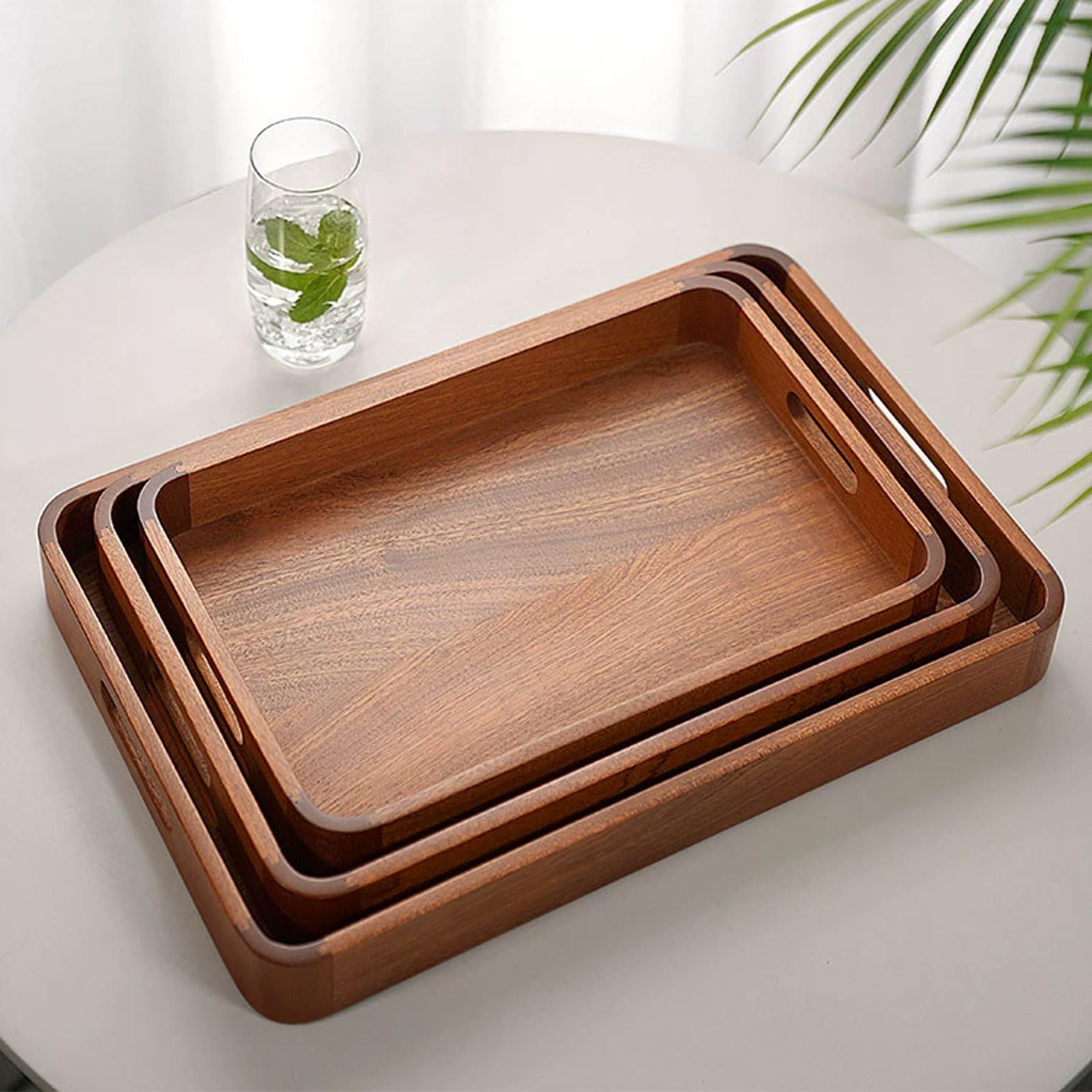HUHJYUGE Bandeja Madera Rectangular, Bandeja para El Desayuno, Bandeja de Madera con Asas y Borde Elevado, para Servir Alimentos, Café, Té, Frutas y Comidas (40x27cm)