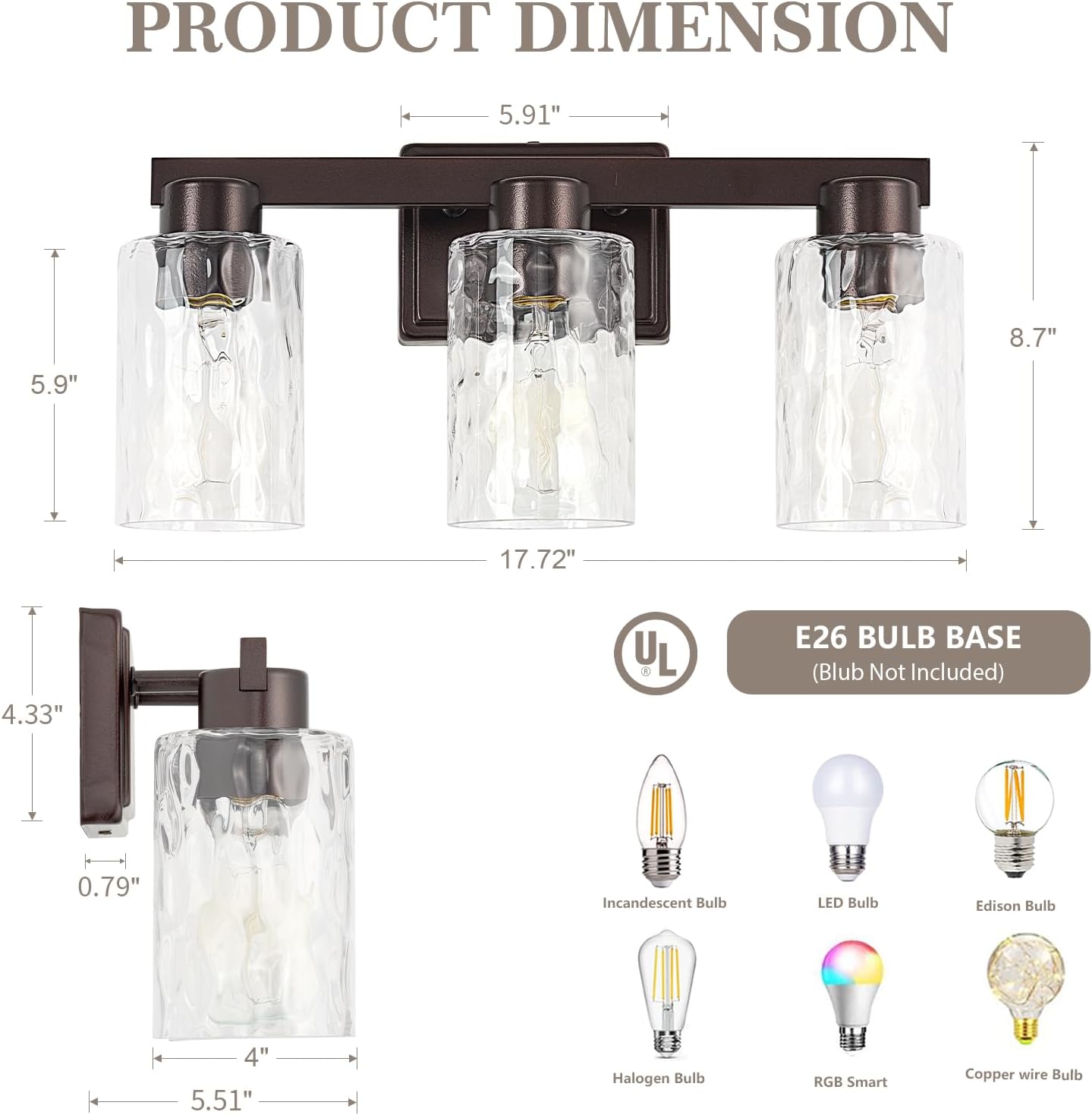 3-Light Bathroom Light Fixtures Modern Oil Rubbed Bronze Vanity Lights with Water Ripple Glass Wall Sconces Over Mirror for Bathroom, Powder Room, Living Room