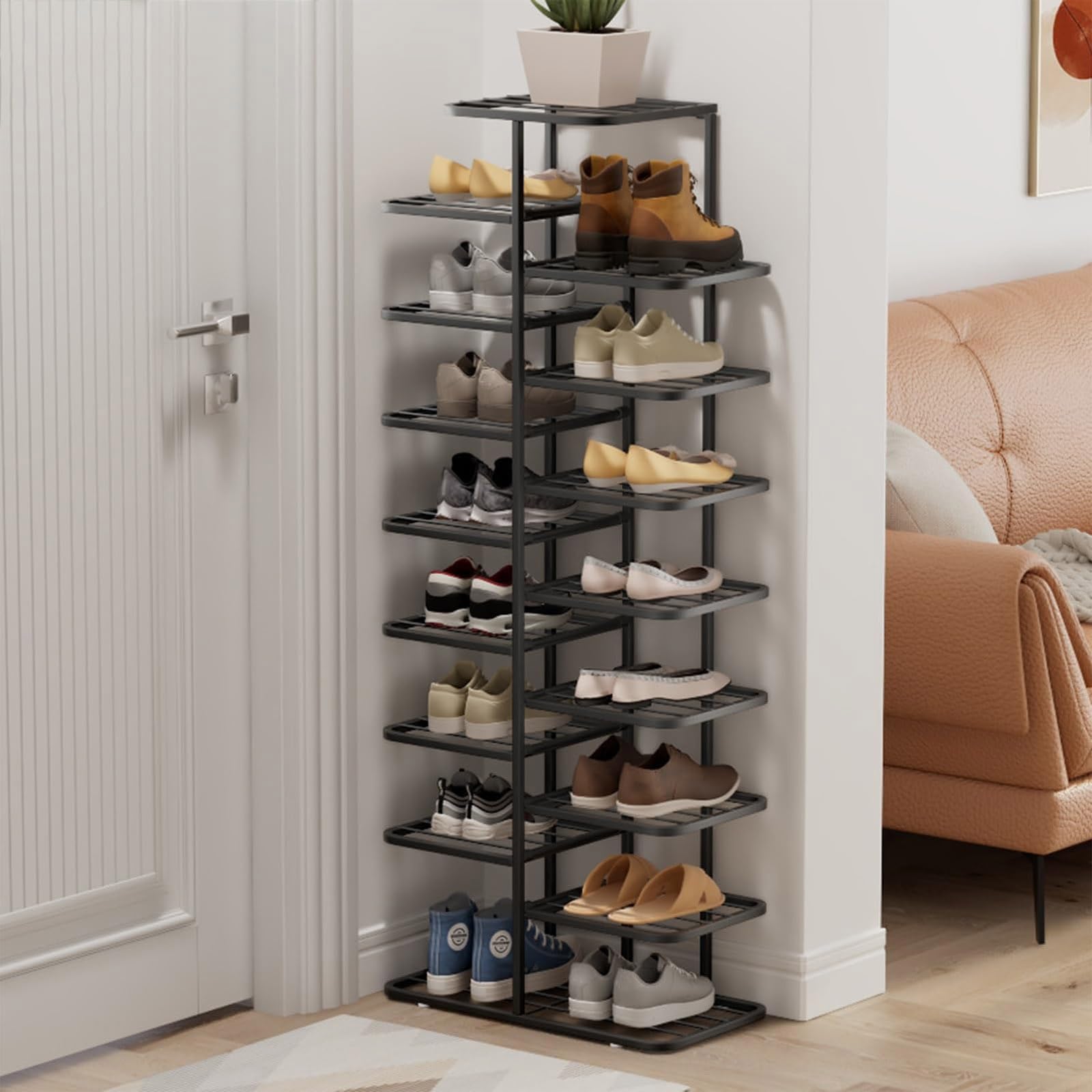 Gold Shoe Rack, 3-10 Tier Vertical Storage Tower, Ripiano a Doppia Fila in Metallo Stretto con Livelli Regolabili per l'armadio Entryway, organizzatore Sottile per Gli Stivali da Tacchi Sneakers