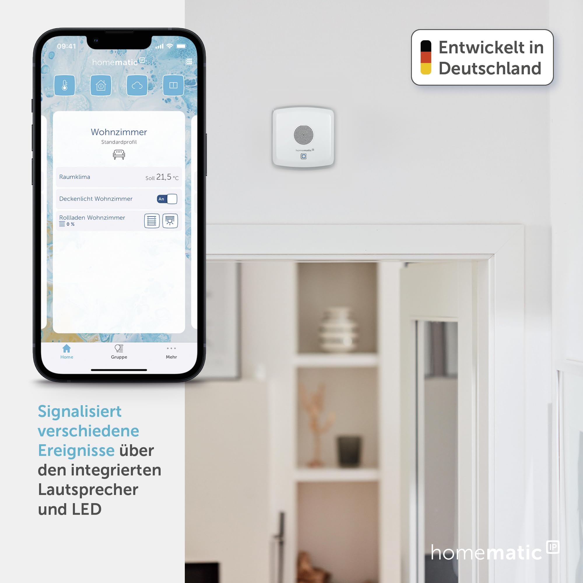Homematic IP Smart Home Kombisignalgeber, akustisches + optisches Signalisieren, Gong für Türklingel ohne Kabel, Batteriebetrieb, Einstellung per App, Alexa & Google Assistant, 152348A0