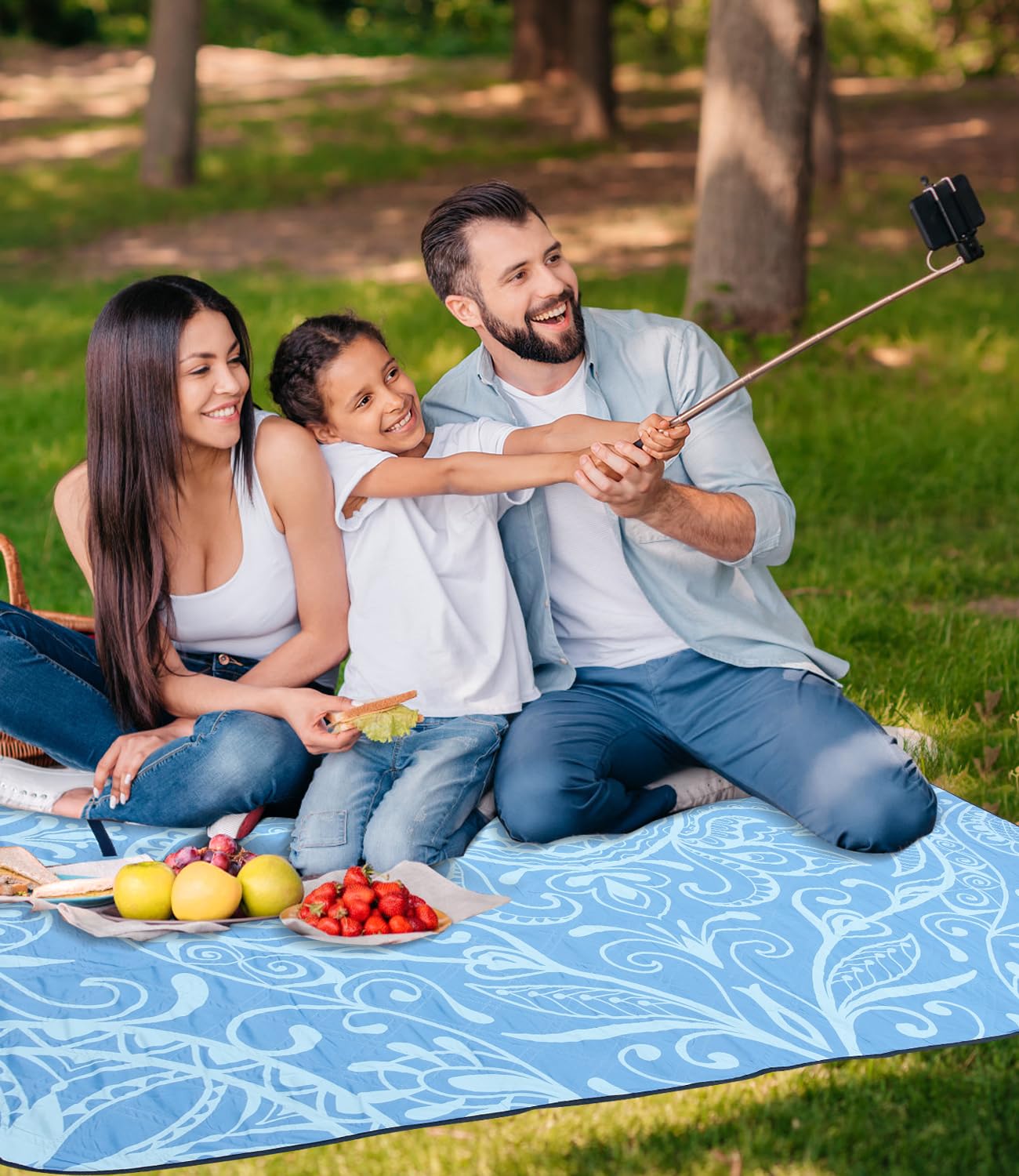 DEWUR Couverture de Pique-Nique imperméable et Pliable Extra Large pour Plage, Camping, pelouse, Parc - 200 x 200cm (Feuilles Bleues)