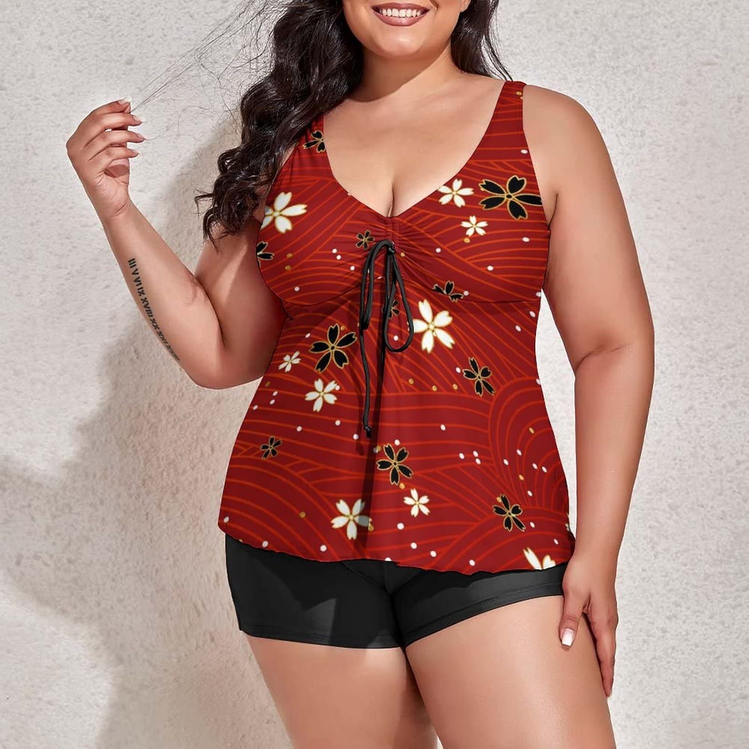 Plus Size Swimdress Blue Floral Flowers 2 Piece Tankini Swimsuit Womens Summer Decor Bathing Suits with Shorts