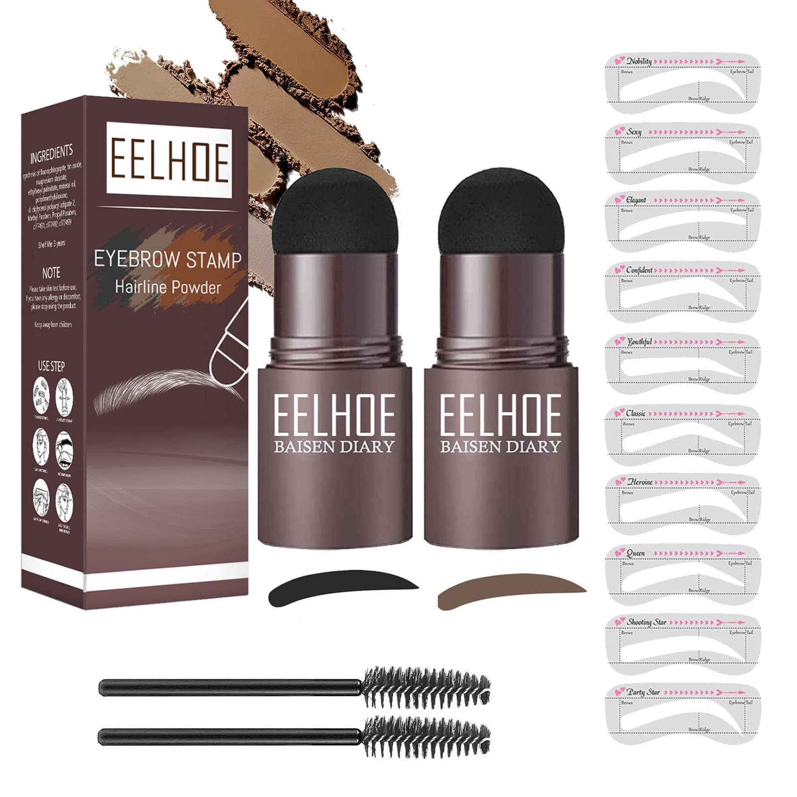 CTDMJ 2 piezas EyeBrow Stamp Kit, Plantilla Sello Ceja, con 10 plantillas y 2 pinceles para colorear cejas, Juego polvos tatuaje cejas reutilizables a prueba de agua (Negro + Marrón oscuro)