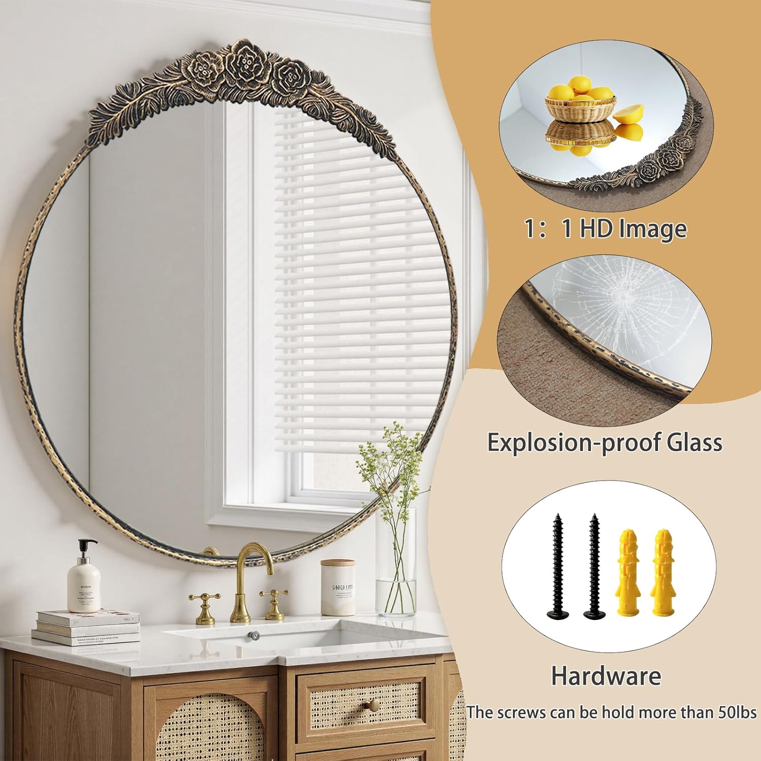 Growsun Round Wall Mirror with Vintage Black Floral Frame – 28 Inch Decorative Wall Mirror for Living Room, Bedroom, Entryway, Bathroom Vanity – Elegant Antique Accent Home Décor