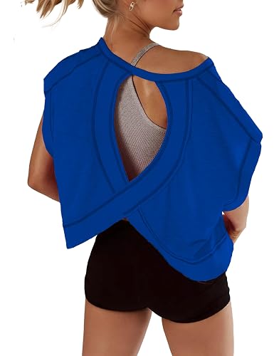 Fhniepan Open Back Tops for Women Oversized Short Sleeve Workout T Shirts Backless Y2k Athletic Crop Running Tees
