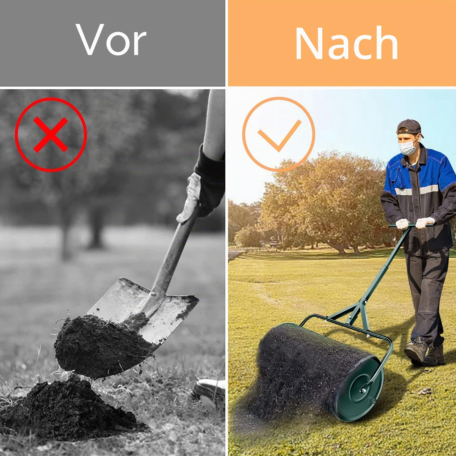 Kompoststreuer, langlebige Rasenwalze, Dungstreuer mit verbessertem T-förmigem Griff, Mutterboden-Streuer für Rasen- und Gartenpflege, Dungstreuer-Walze (40,6 cm-T-Grün-L)