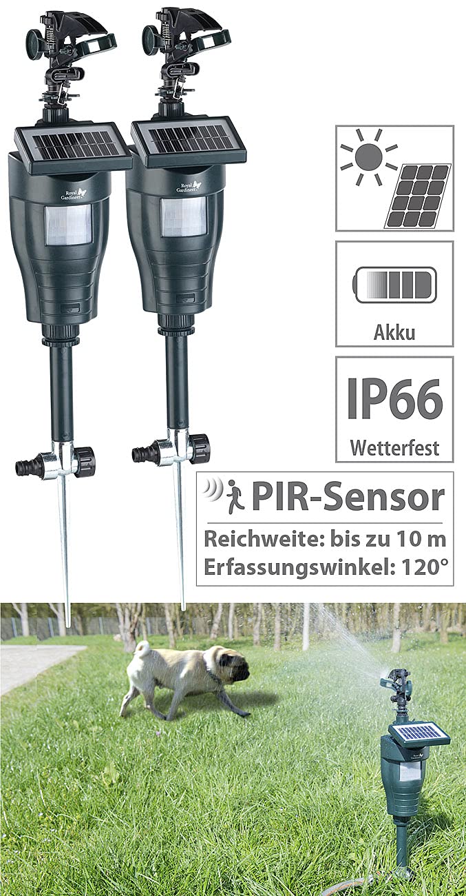 Royal Gardineer Katzenschreck: 2er Pack Solar-Wasserstrahl-Tierschreck mit PIR-Bewegungsmelder (Wasserstrahl Tiervertreiber, Wassersprühender Tierschreck, Hund)