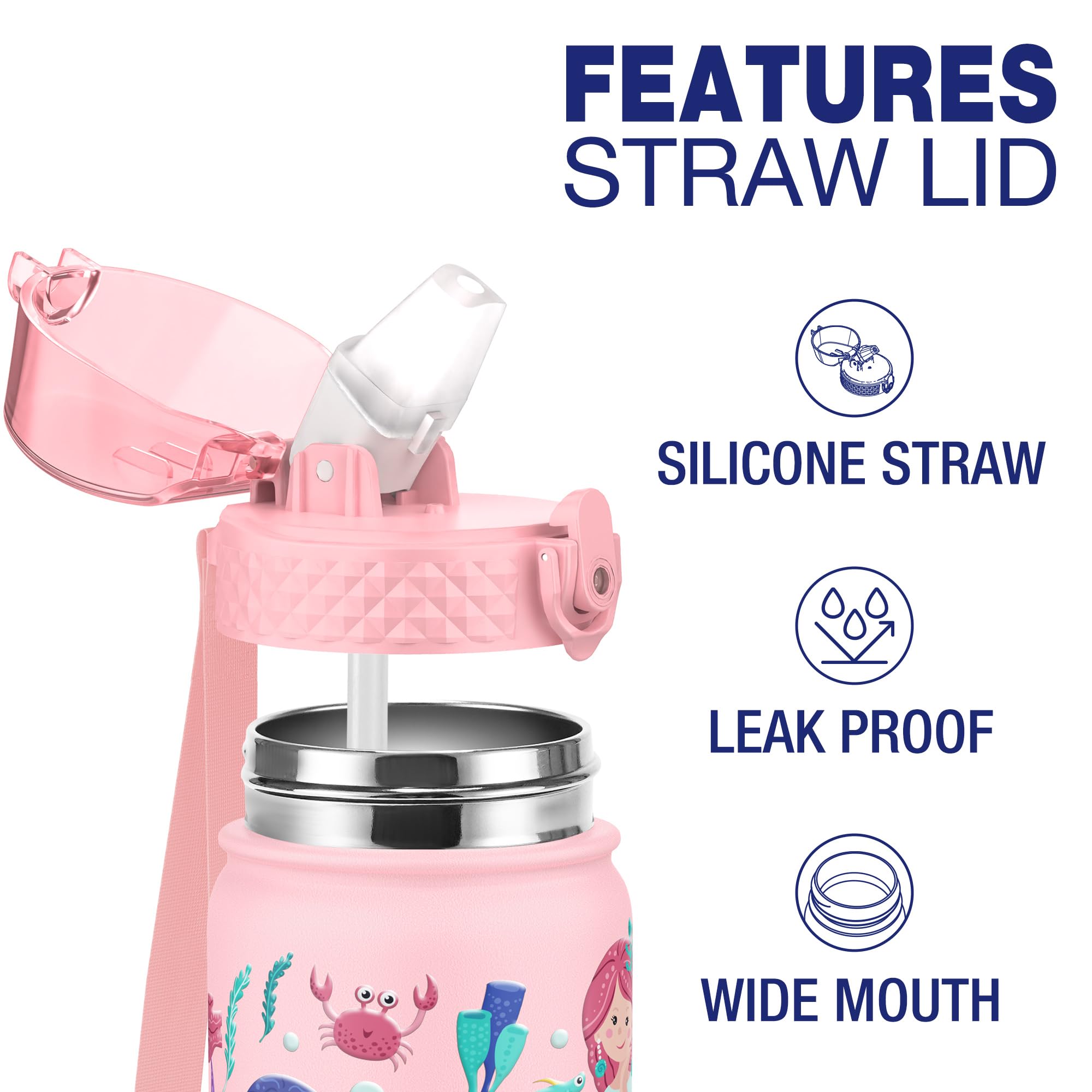 GOPPUS 550ml/18oz Kids Insulated Water Bottle with Straw Cute Double Wall Stainless Steel Child's Small Flask Vacuum Insulated Steel Metal Leak Proof Drink Flask Boys Toddler Girls Flask BPA-Free - Image 3