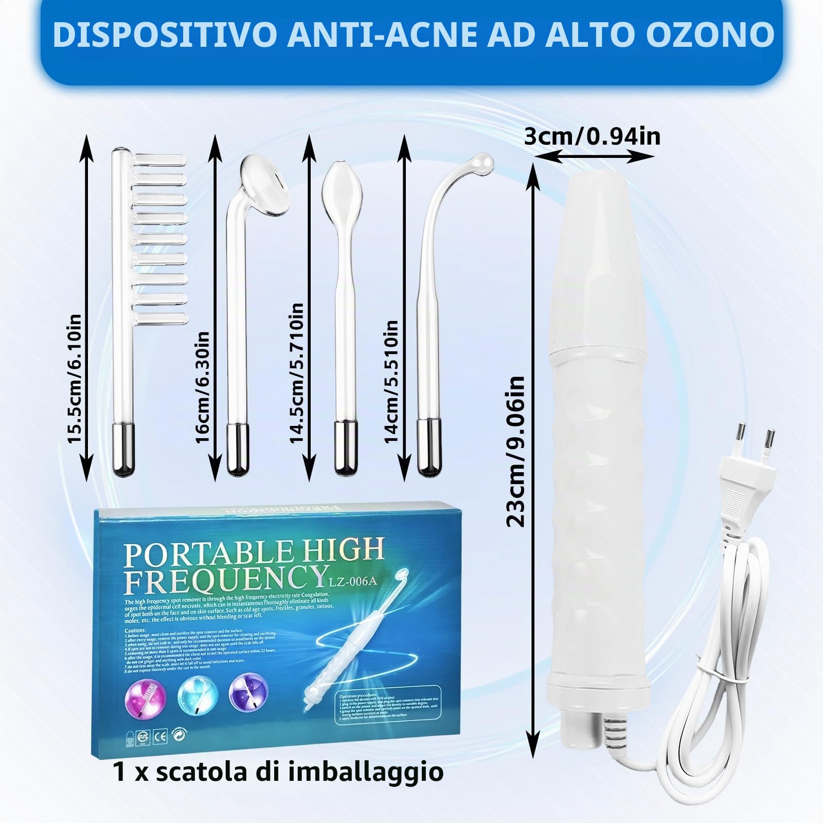 Dispositivo di Bellezza ad Alta Frequenza Viso, con 4 Sonde, High Frequency Wand, Radiofrequenza Viso, Dispositivo per Il Trattamento dell'acne, per Rimozione dell Pelle Rughe Linee Sottili
