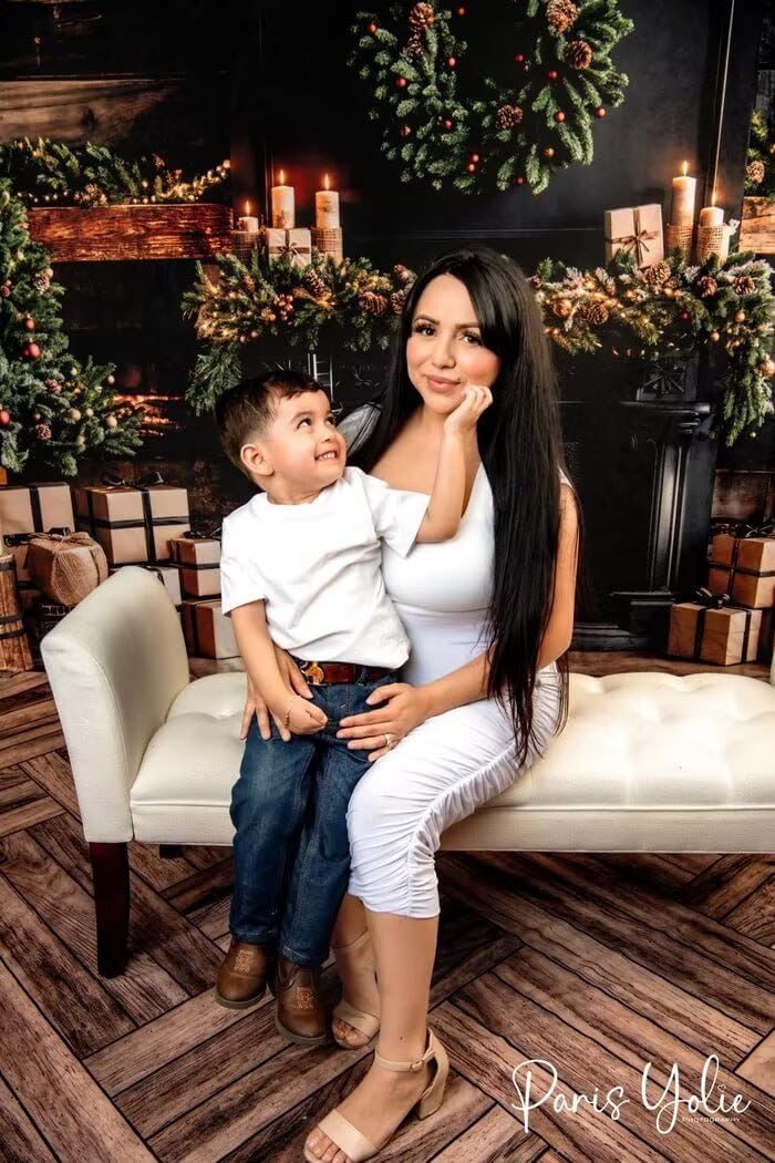 Kate Christmas Fireplace Backdrop Christmas Trees and Gifts Background Winter Black Modern Brown Wooden Striped Wall Photo Background Studio Props,7x5ft