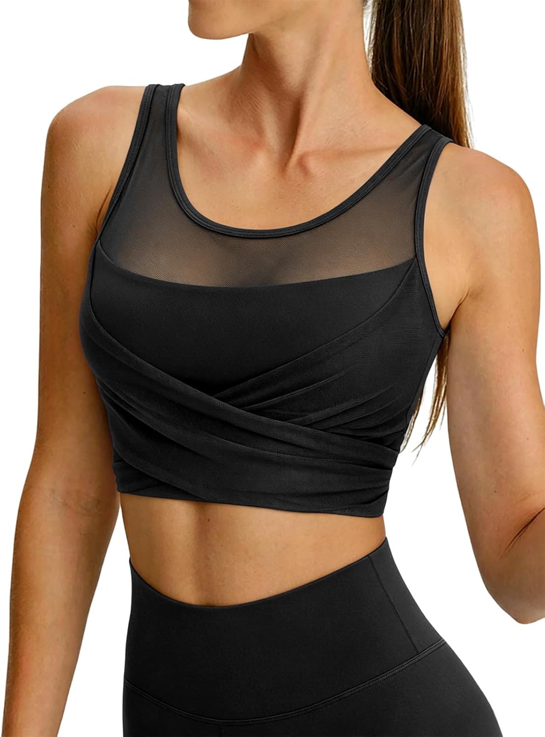 BERLOOK Womens Crop Tank Tops with Built in Bras Breathable Wrap Ruched Athletic Workout Yoga Sleeveless Gym Tops