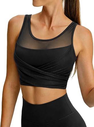 BERLOOK Womens Crop Tank Tops with Built in Bras Breathable Wrap Ruched Athletic Workout Yoga Sleeveless Gym Tops