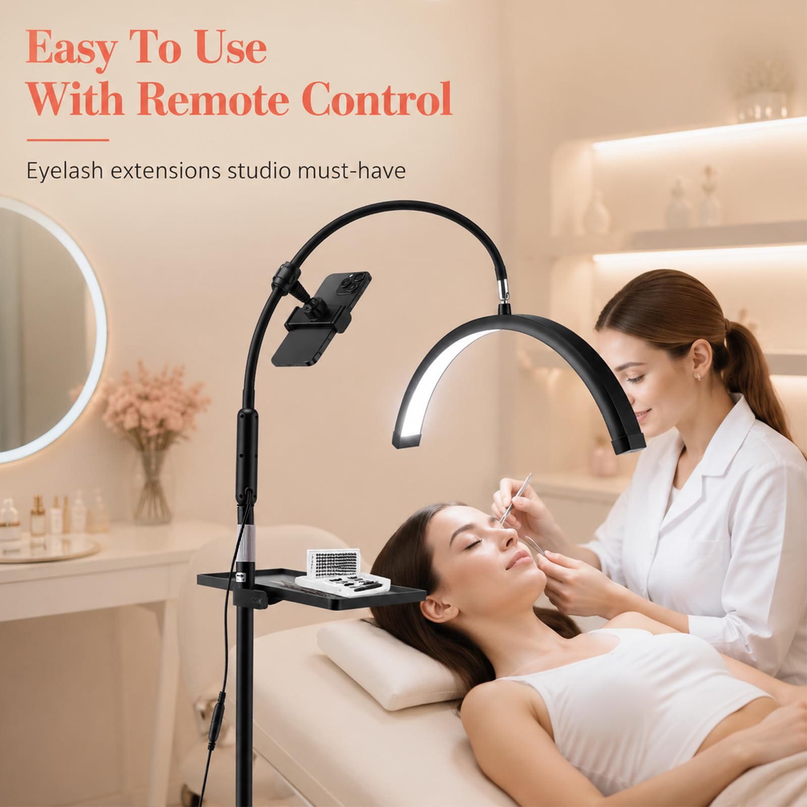 LED Halbmond Wimpernlampe Faltbar mit 5 Farbtemperaturen & Höhenverstellbar 360° Drehbar für Make-up Artists Tätowierer Salon Zuhause, Inklusive Handyhalterung