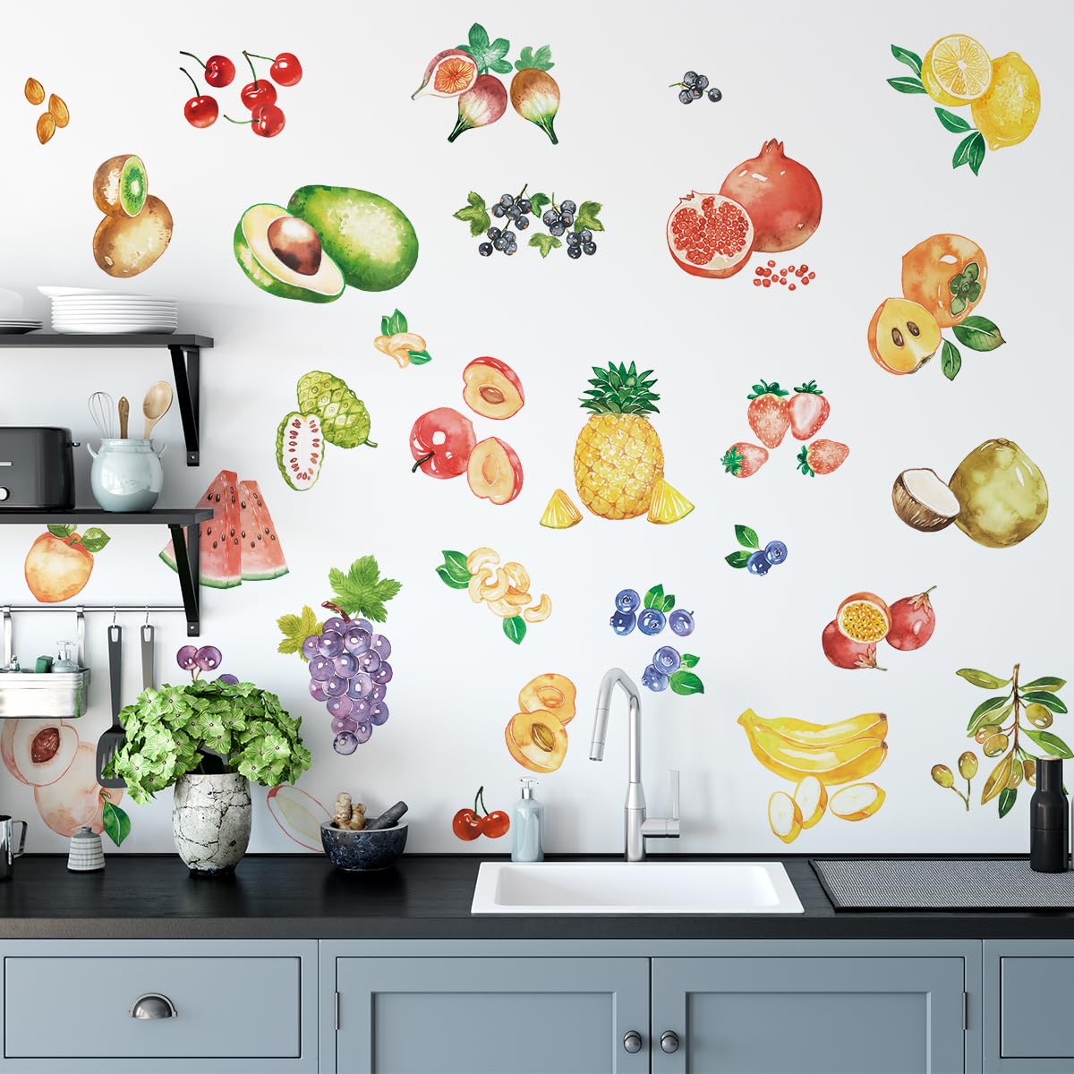 Lot de 2 feuilles d'autocollants étanches pour réfrigérateur - Autocollants décoratifs - Stickers de Fruits d'aquarelle Mural - Vinyle - Art mural - Décoration d'intérieur